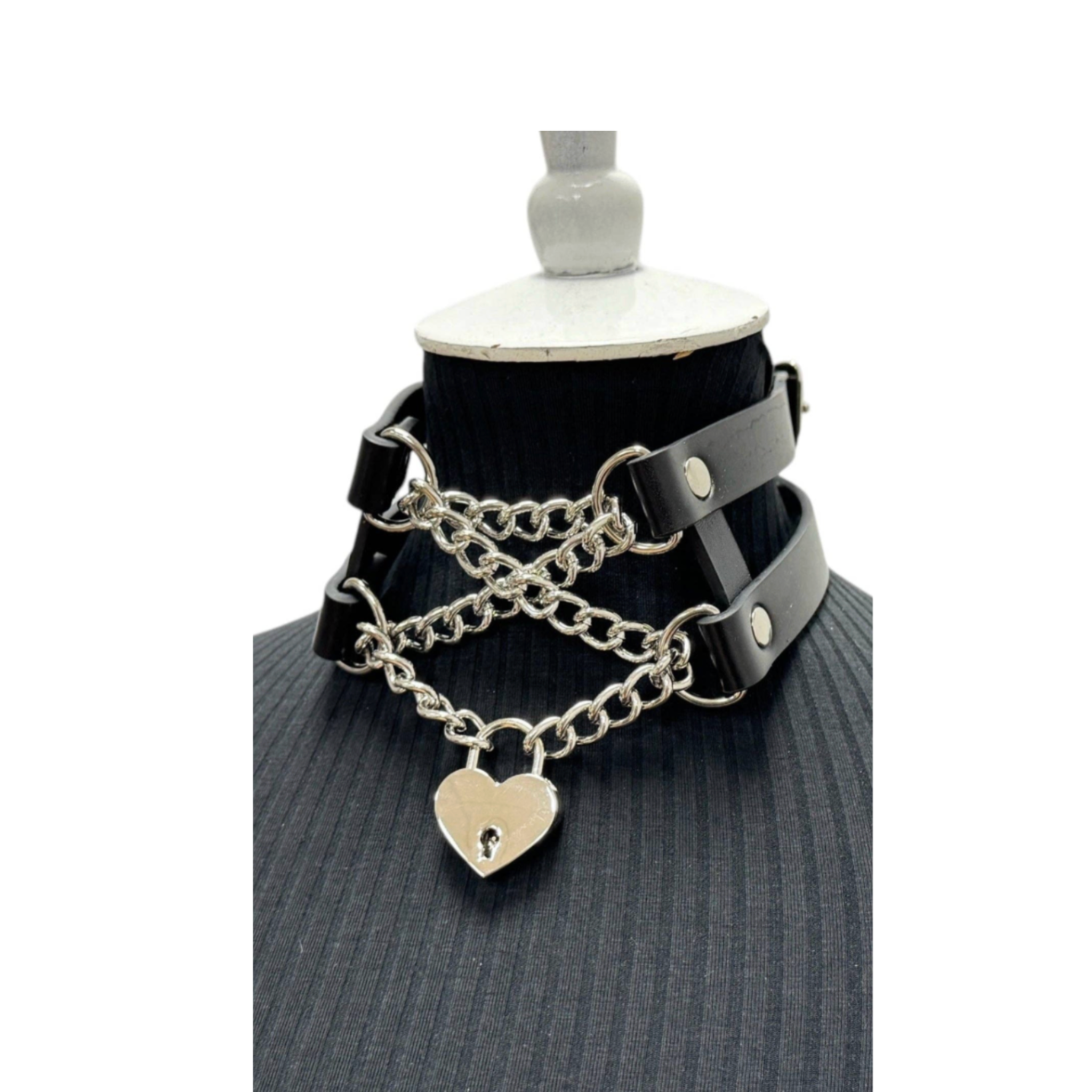 heart lock chain choker double strap leather gothic bondage necklace with dual buckle adjustable fetish accessory