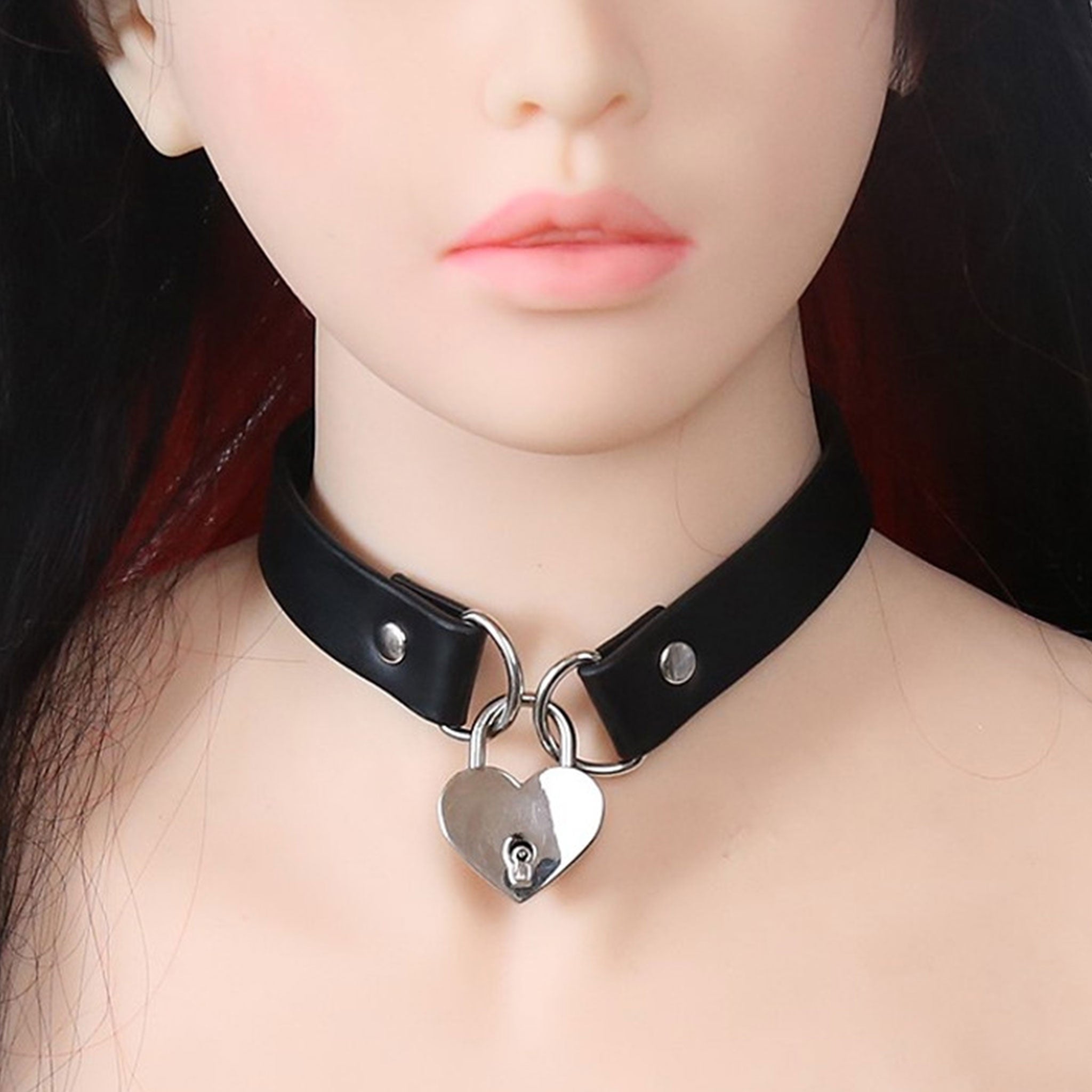 PVC vinyl leather vegan-leather accessories collar choker bondage-collar D-ring lock lockable padlock heart heart-shaped sexy naughty fetish fashion alt-fashion bdsm bondage submission sub submissive pet pets pet-play animal-play kink kinky kinky-play adult-toys black 