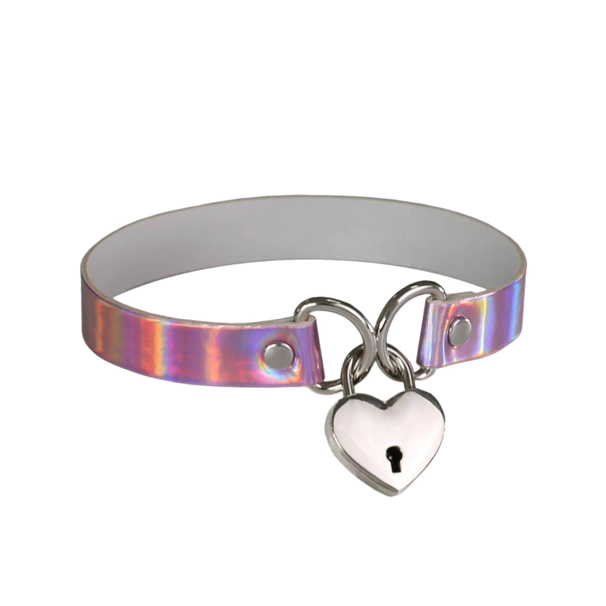 PVC vinyl leather vegan-leather accessories collar choker bondage-collar D-ring lock lockable padlock heart heart-shaped sexy naughty fetish fashion alt-fashion bdsm bondage submission sub submissive pet pets pet-play animal-play kink kinky kinky-play adult-toys pink hologram holographic iridescent