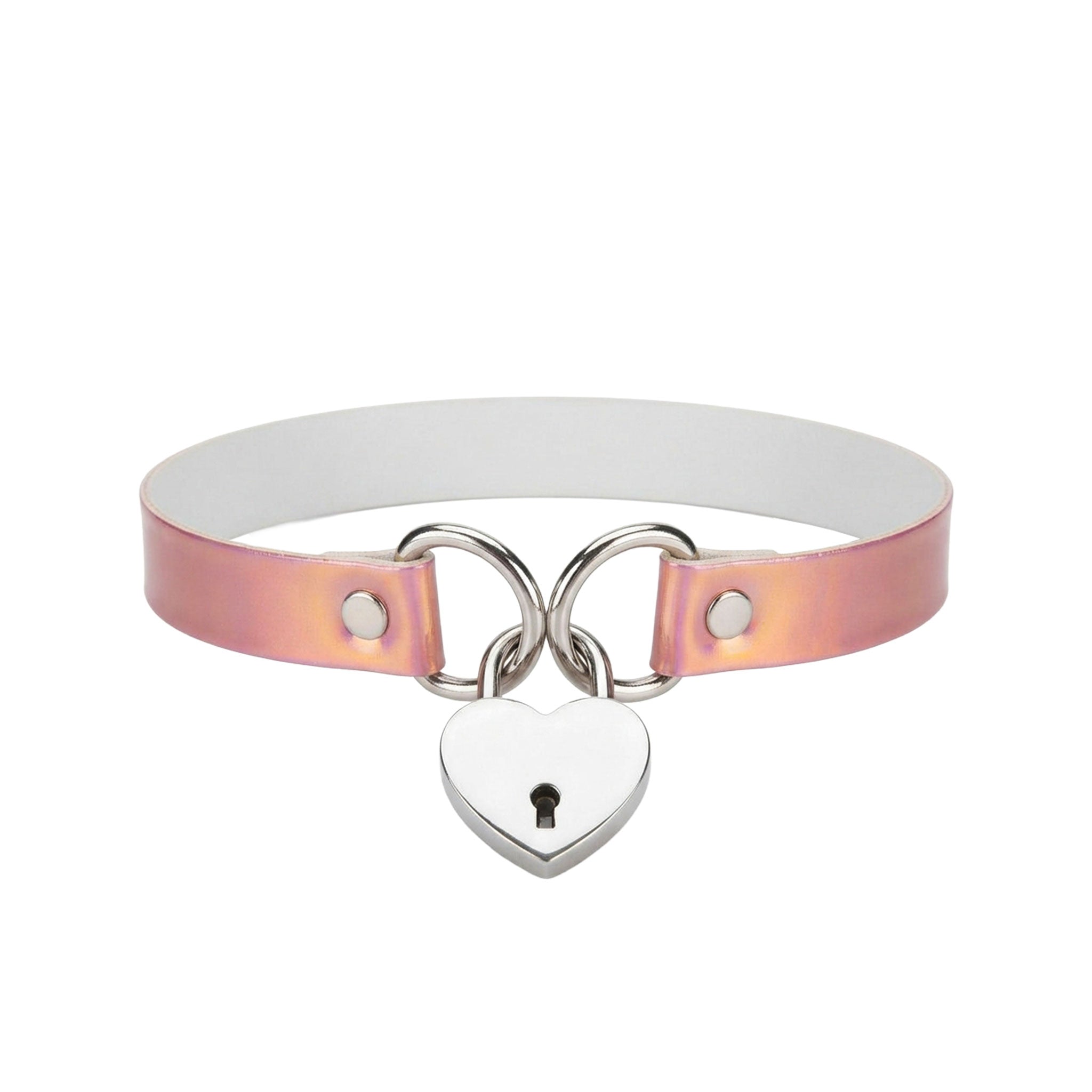 PVC vinyl leather vegan-leather accessories collar choker bondage-collar D-ring lock lockable padlock heart heart-shaped sexy naughty fetish fashion alt-fashion bdsm bondage submission sub submissive pet pets pet-play animal-play kink kinky kinky-play adult-toys pink hologram holographic iridescent