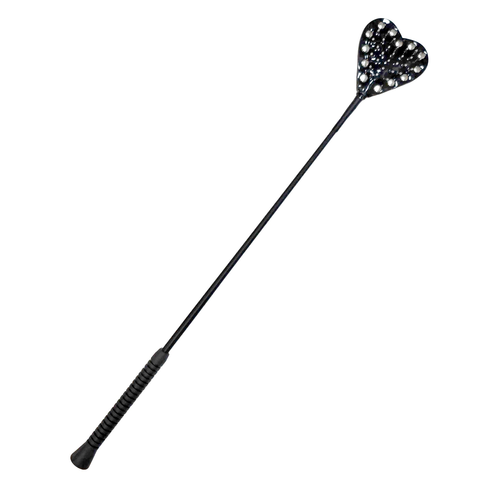 Leather patent-leather rubber-handle plastic rubber accessories crop riding-crop heart-shaped heart-popper studded riveted nail-headed blunt-nail prick grip-handle shiny glossy flexible medium-stiff fetish fashion alt-fashion bondage bdsm sadism sadist masochism masochist sadomasochism sadomasochist kink kinky kinky-play kinky-toys impact impact-toys impact-play spanking discipline pain valentines gifts unisex adult-toys black