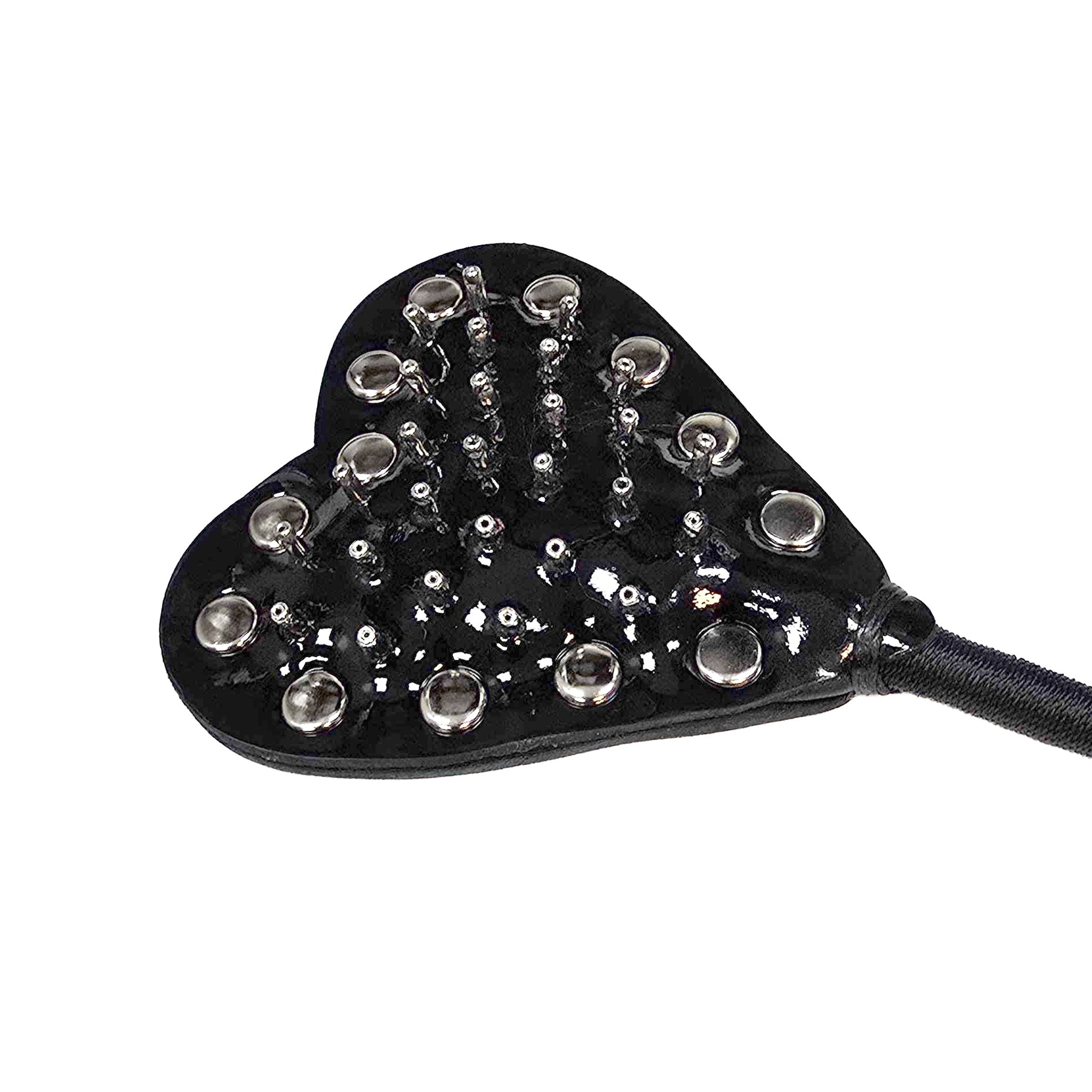 Leather patent-leather rubber-handle plastic rubber accessories crop riding-crop heart-shaped heart-popper studded riveted nail-headed blunt-nail prick grip-handle shiny glossy flexible medium-stiff fetish fashion alt-fashion bondage bdsm sadism sadist masochism masochist sadomasochism sadomasochist kink kinky kinky-play kinky-toys impact impact-toys impact-play spanking discipline pain valentines gifts unisex adult-toys black