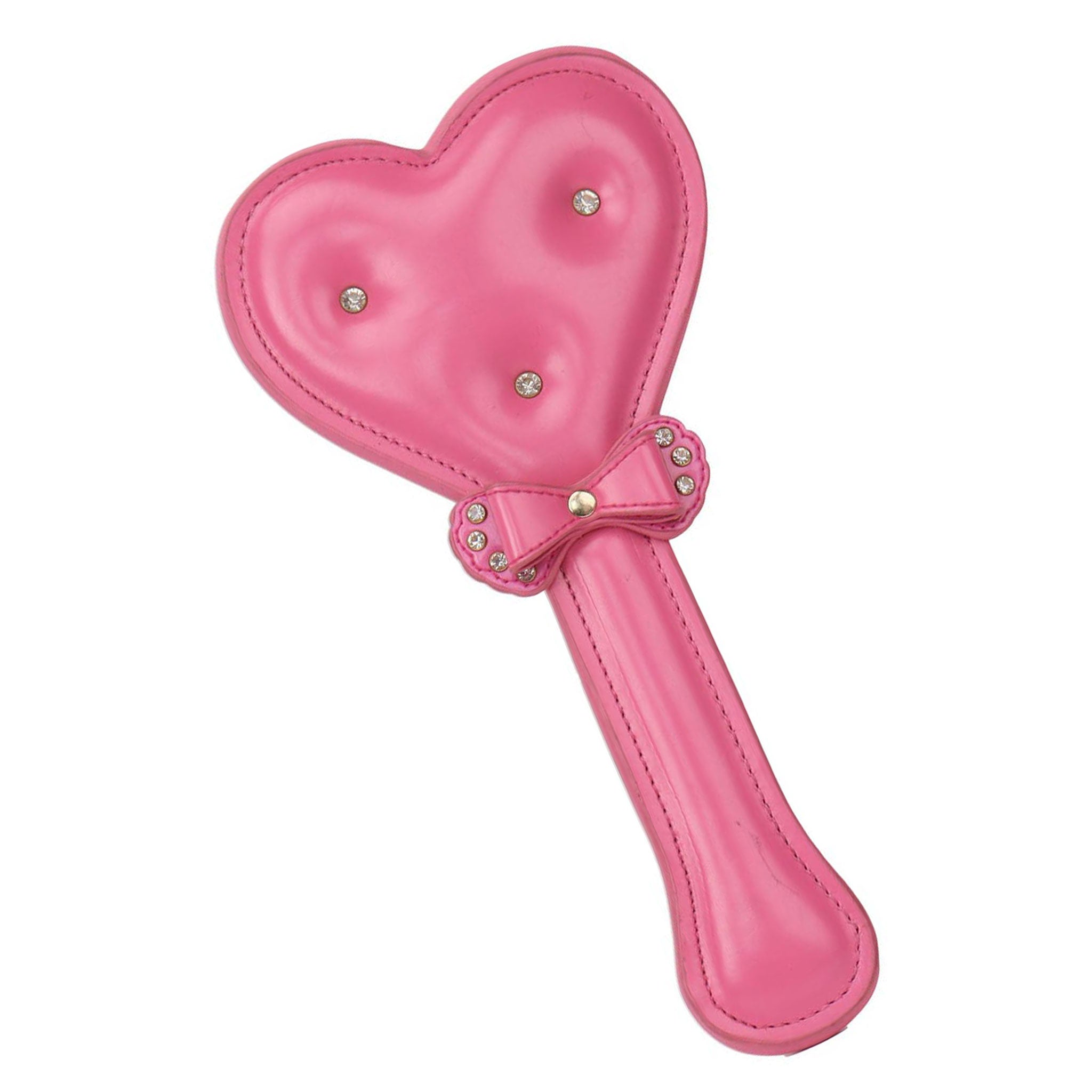 Leather rhinestone paddle heart-shaped crystals bow double-bow spanking impact impact-play impact-toys kink kinky kinky-play bdsm sadism masochism pastel-goth lolita loli goth gothic kawaii costume cosplay kitty playful cute femme feminine accessories adult-toys pink hot-pink