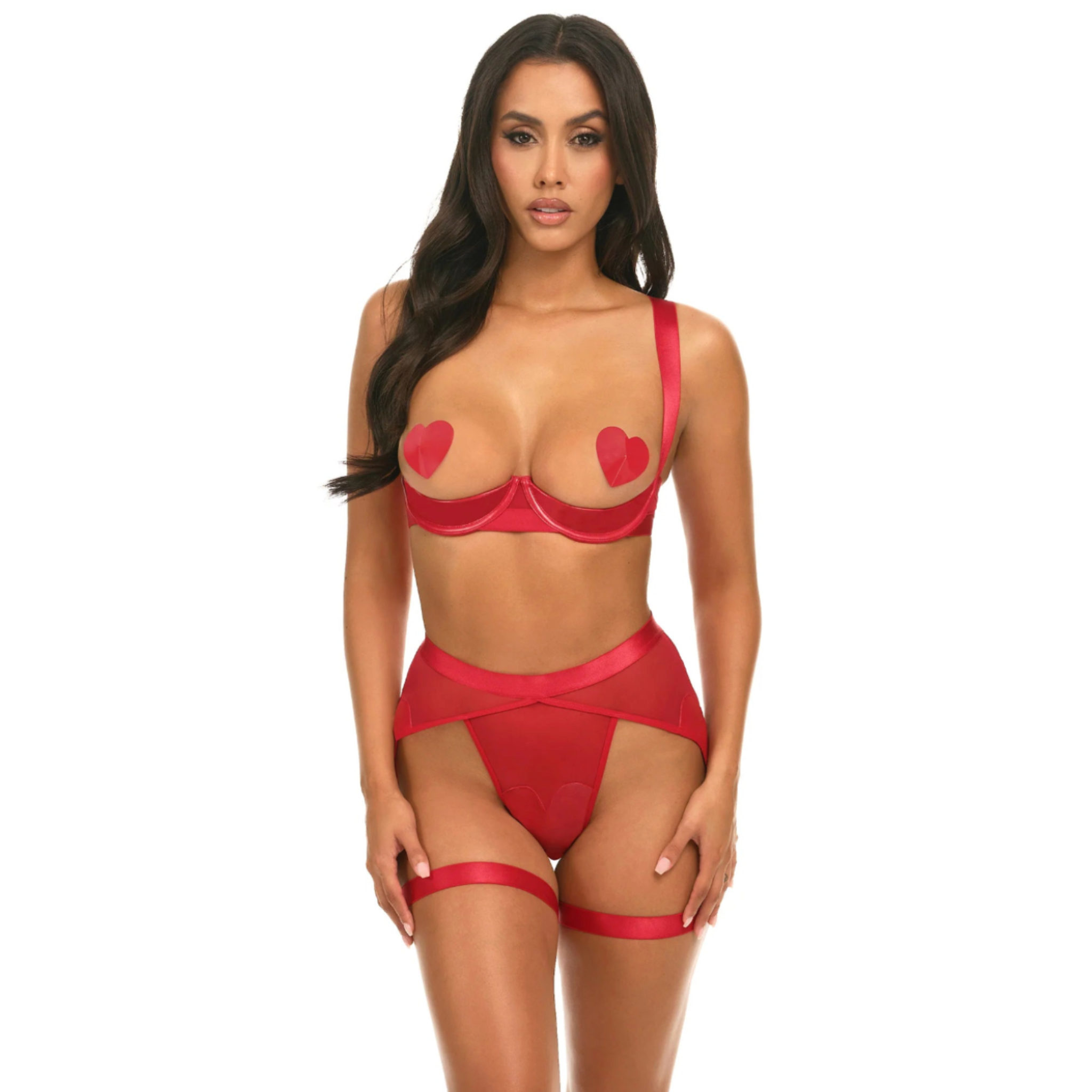 Hearts open cup bra panty set garters vinyl mesh playful.

