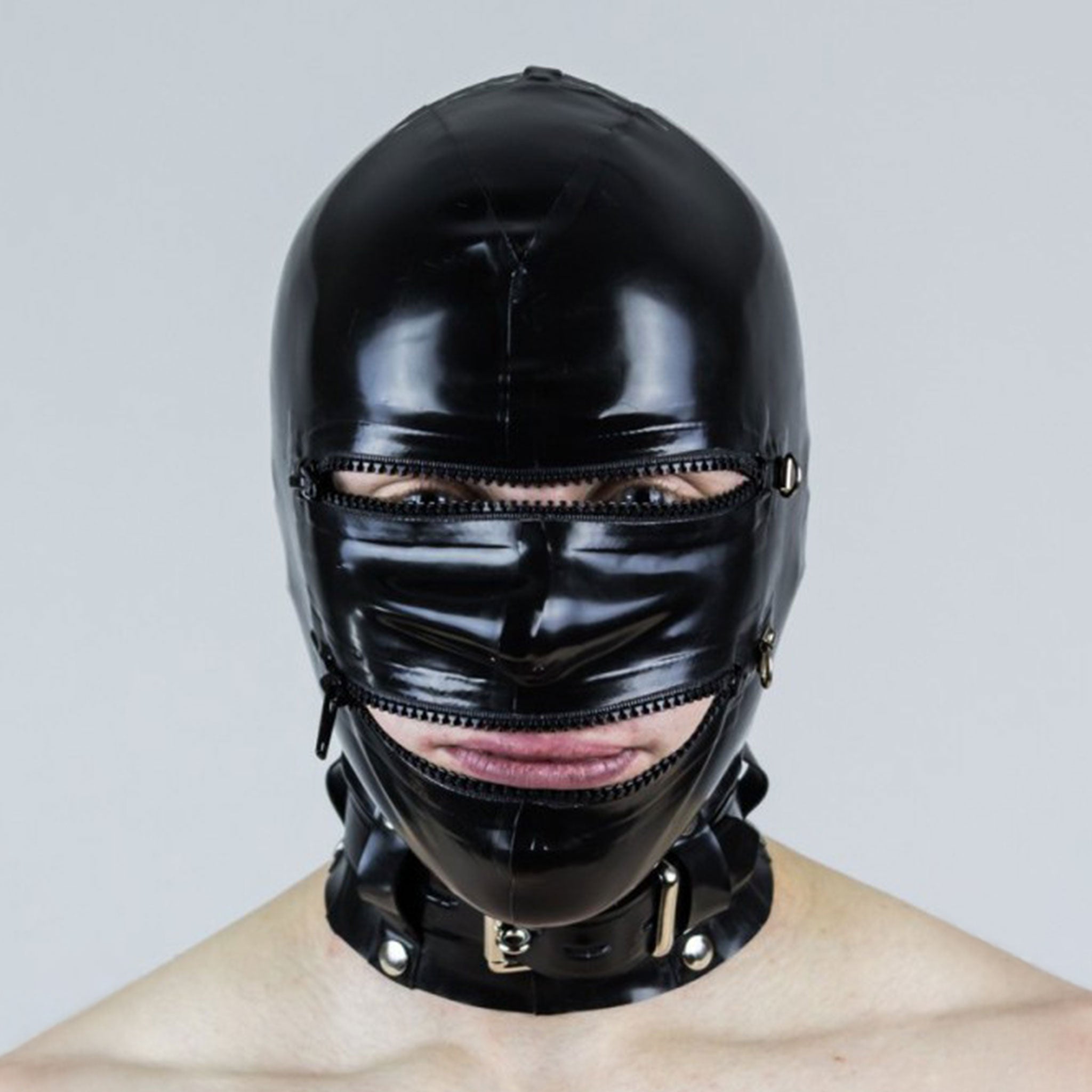 Latex rubber thick-latex accessories mask hood collared-hood adjustable eye-zip zippers mouth-zip back-zip hair-shield lockable locking
fetish fashion alt-fashion kink kinky kinky-play bdsm sadism masochism sadomasochism restraint sensory-deprivation dehumanization constricting breath-play unisex black