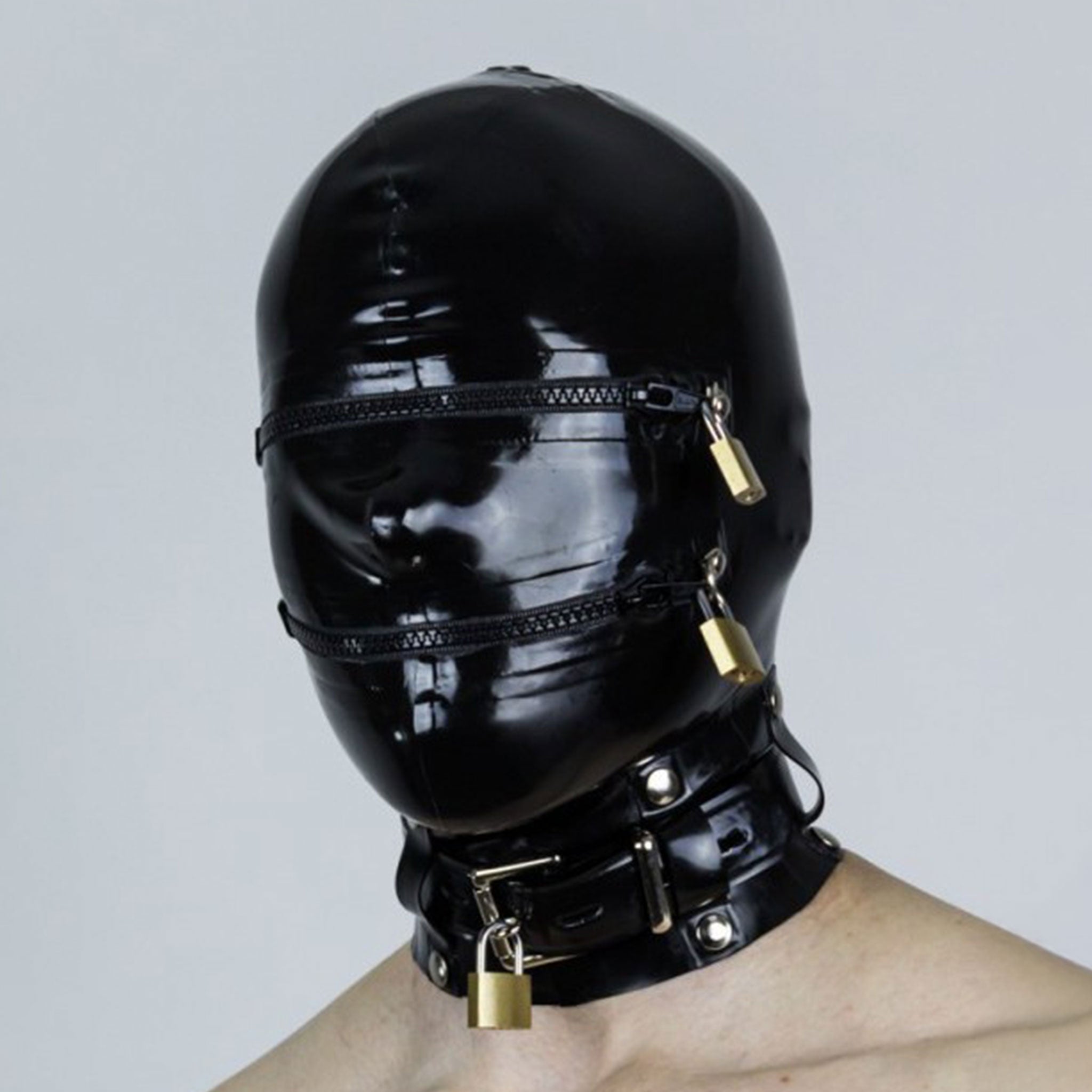 Latex rubber thick-latex accessories mask hood collared-hood adjustable eye-zip zippers mouth-zip back-zip hair-shield lockable locking
fetish fashion alt-fashion kink kinky kinky-play bdsm sadism masochism sadomasochism restraint sensory-deprivation dehumanization constricting breath-play unisex black