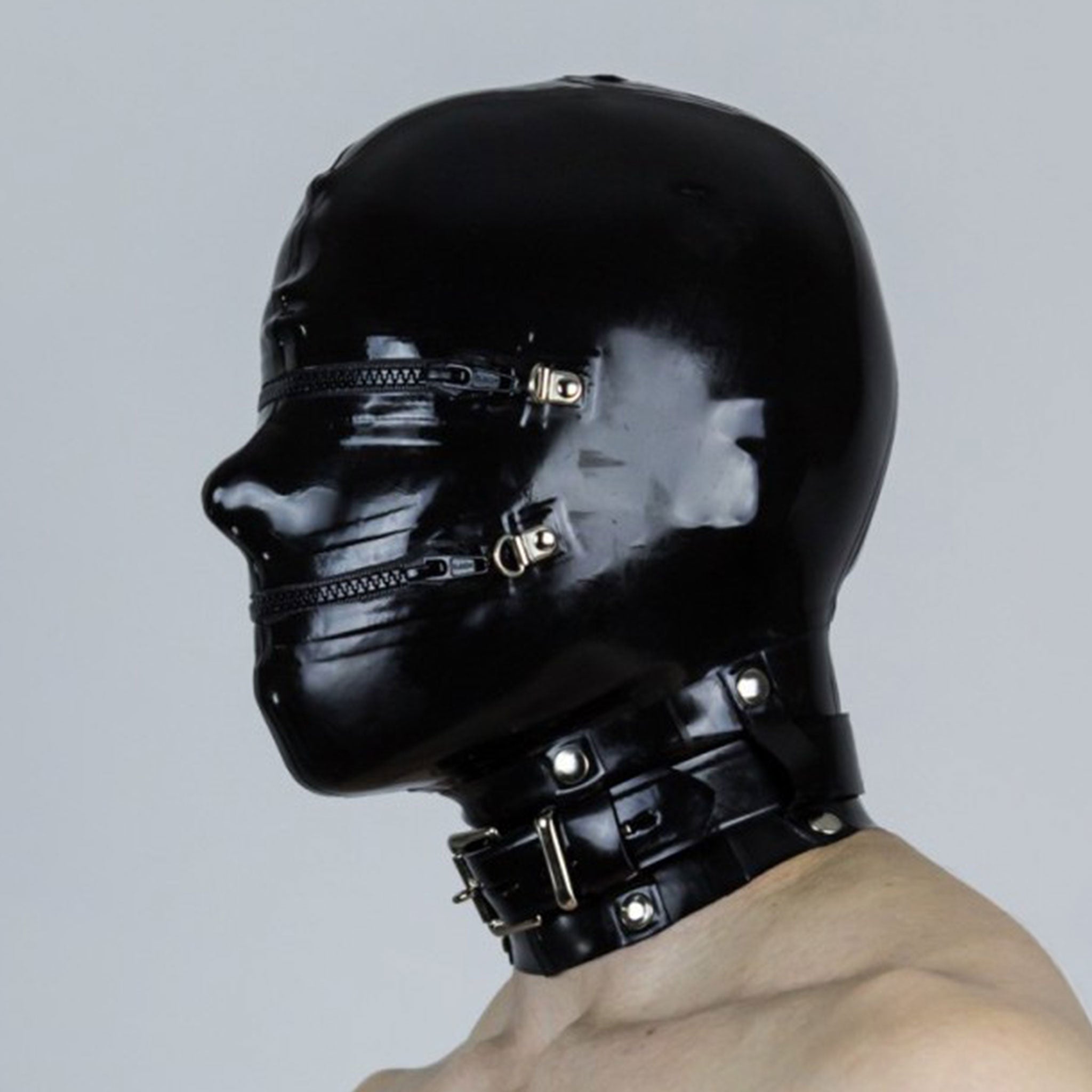 Latex rubber thick-latex accessories mask hood collared-hood adjustable eye-zip zippers mouth-zip back-zip hair-shield lockable locking
fetish fashion alt-fashion kink kinky kinky-play bdsm sadism masochism sadomasochism restraint sensory-deprivation dehumanization constricting breath-play unisex black