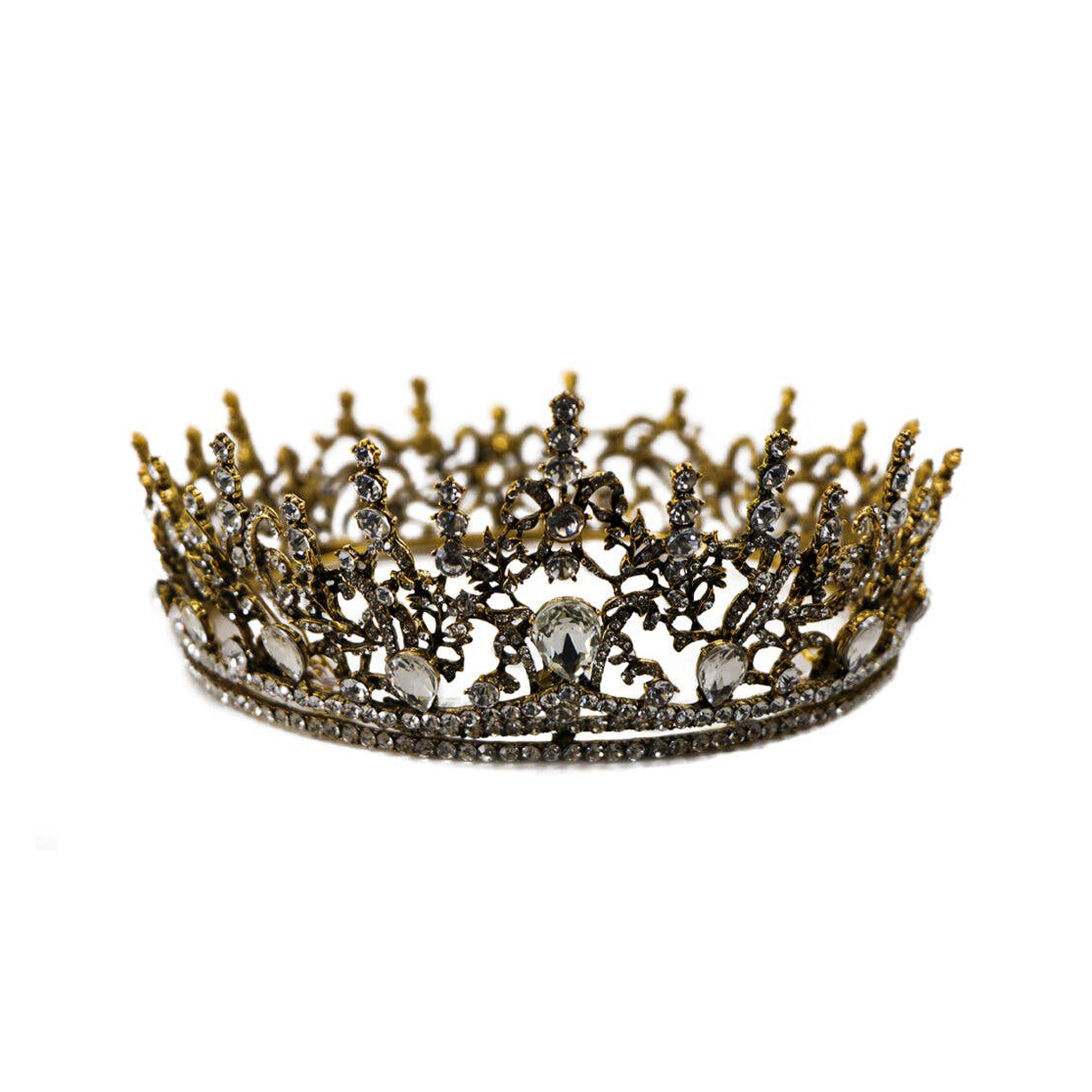 Base-metal heavy-metal rhinestone accessories head-gear crown tiara jewels jeweled inner-loop regal dark alluring encrusted rich dramatic ornate sexy fetish fashion alt-fashion alternative goth gothic royalty noble festival renfair party bdsm bdsm-fashion domme domination dominatrix-fashion costume cosplay halloween halloween-accessories prince princess king queen female femme feminine womens unisex antique-gold clear 