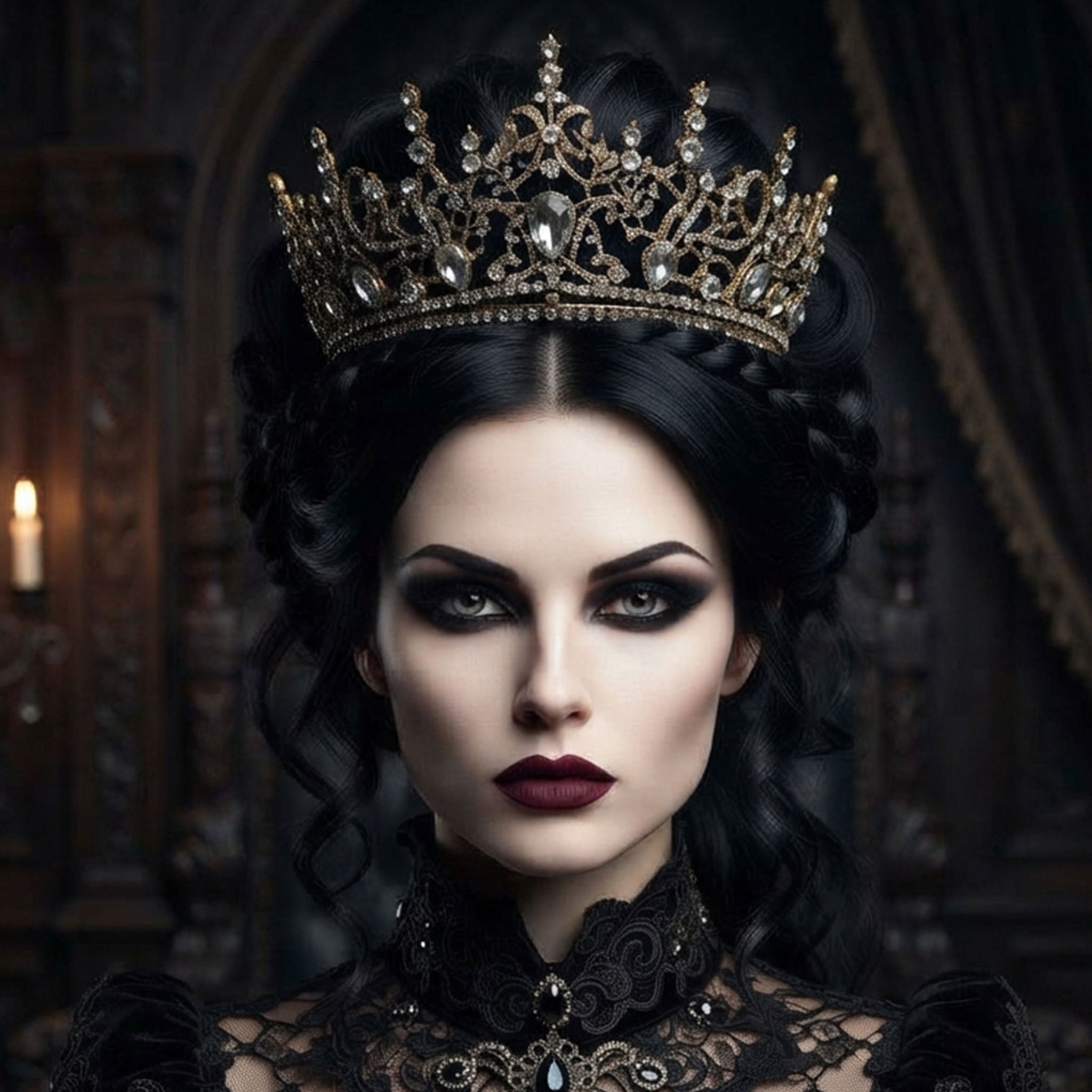Base-metal heavy-metal rhinestone accessories head-gear crown tiara jewels jeweled inner-loop regal dark alluring encrusted rich dramatic ornate sexy fetish fashion alt-fashion alternative goth gothic royalty noble festival renfair party bdsm bdsm-fashion domme domination dominatrix-fashion costume cosplay halloween halloween-accessories prince princess king queen female femme feminine womens unisex antique-gold clear 