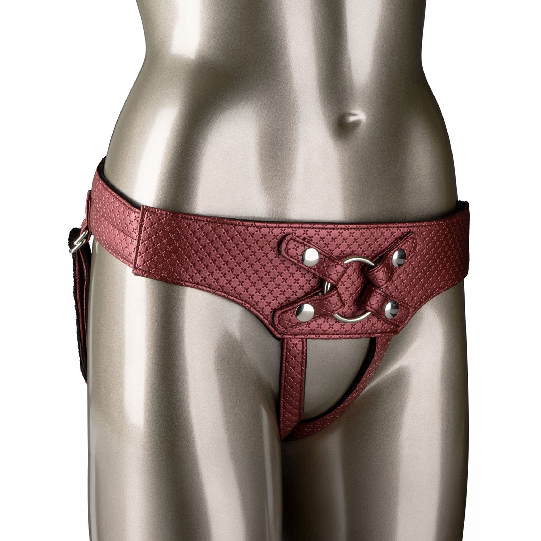 Leather vegan-leather Plastic PVC polyester iron apparel harness strapon strap-on snap-in probe plug stimulator quick-buckle buckle velvet-lining ring-system O-ring crotchless imperial designer plush control comfort interchangeable erotic pleasure bdsm bondage kink kinky kinky-play pegging fantasy adult-toys red