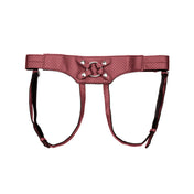 Leather vegan-leather Plastic PVC polyester iron apparel harness strapon strap-on snap-in probe plug stimulator quick-buckle buckle velvet-lining ring-system O-ring crotchless imperial designer plush control comfort interchangeable erotic pleasure bdsm bondage kink kinky kinky-play pegging fantasy adult-toys red