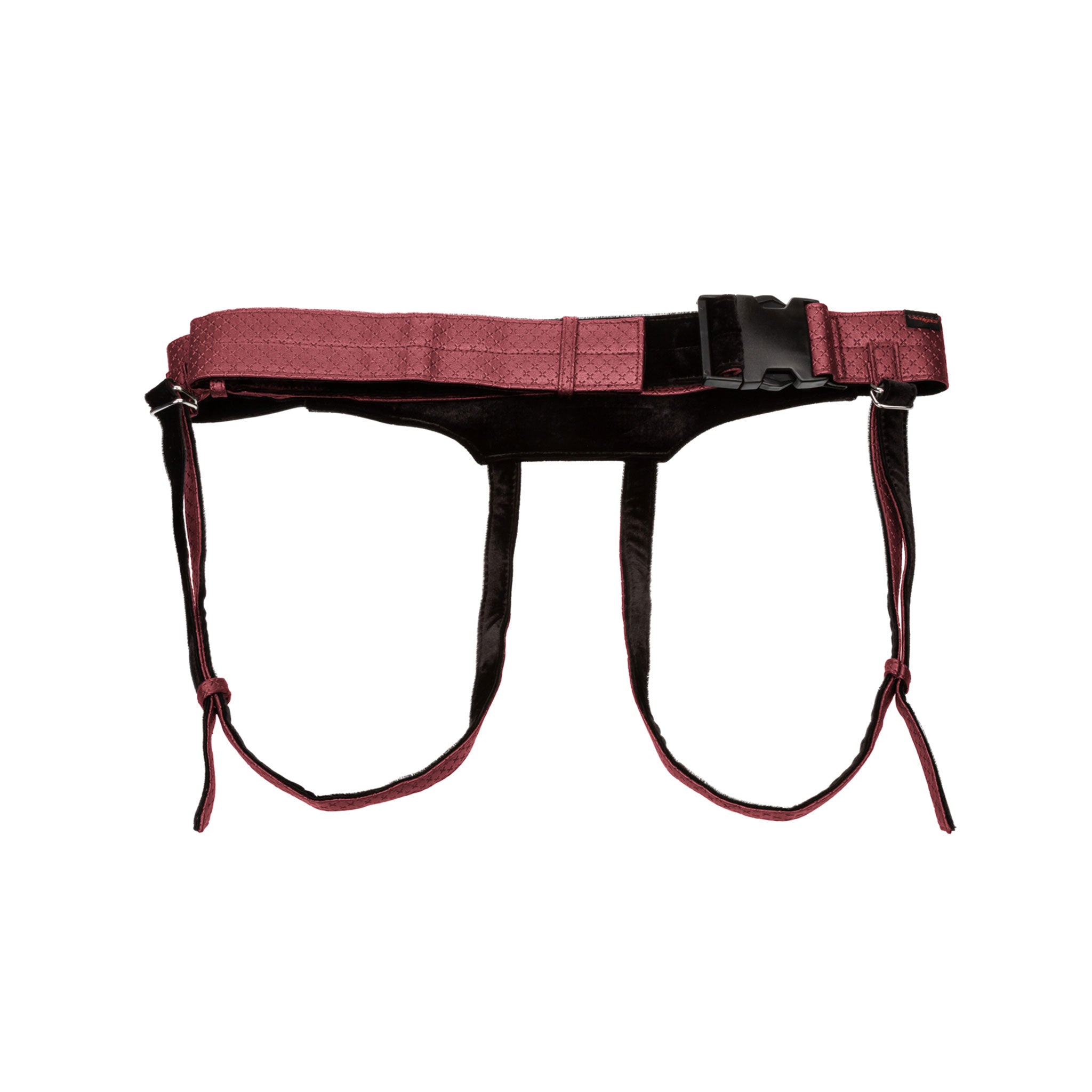 Leather vegan-leather Plastic PVC polyester iron apparel harness strapon strap-on snap-in probe plug stimulator quick-buckle buckle velvet-lining ring-system O-ring crotchless imperial designer plush control comfort interchangeable erotic pleasure bdsm bondage kink kinky kinky-play pegging fantasy adult-toys red