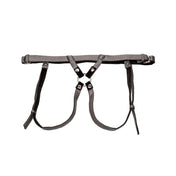Leather vegan-leather PVC nickel-free iron polyester polyester-lining copper accessories harness strapon-harness strap-on crotchless probe-ring O-ring adjustable buckle snap-button press-studs waist-closure low-profile performance comfort sleek bold plush velvety discreet bondage bdsm dominant domme dominatrix domme kink kinky kinky-play her-royal-highness regal-duchess adult-toys gray pewter 
