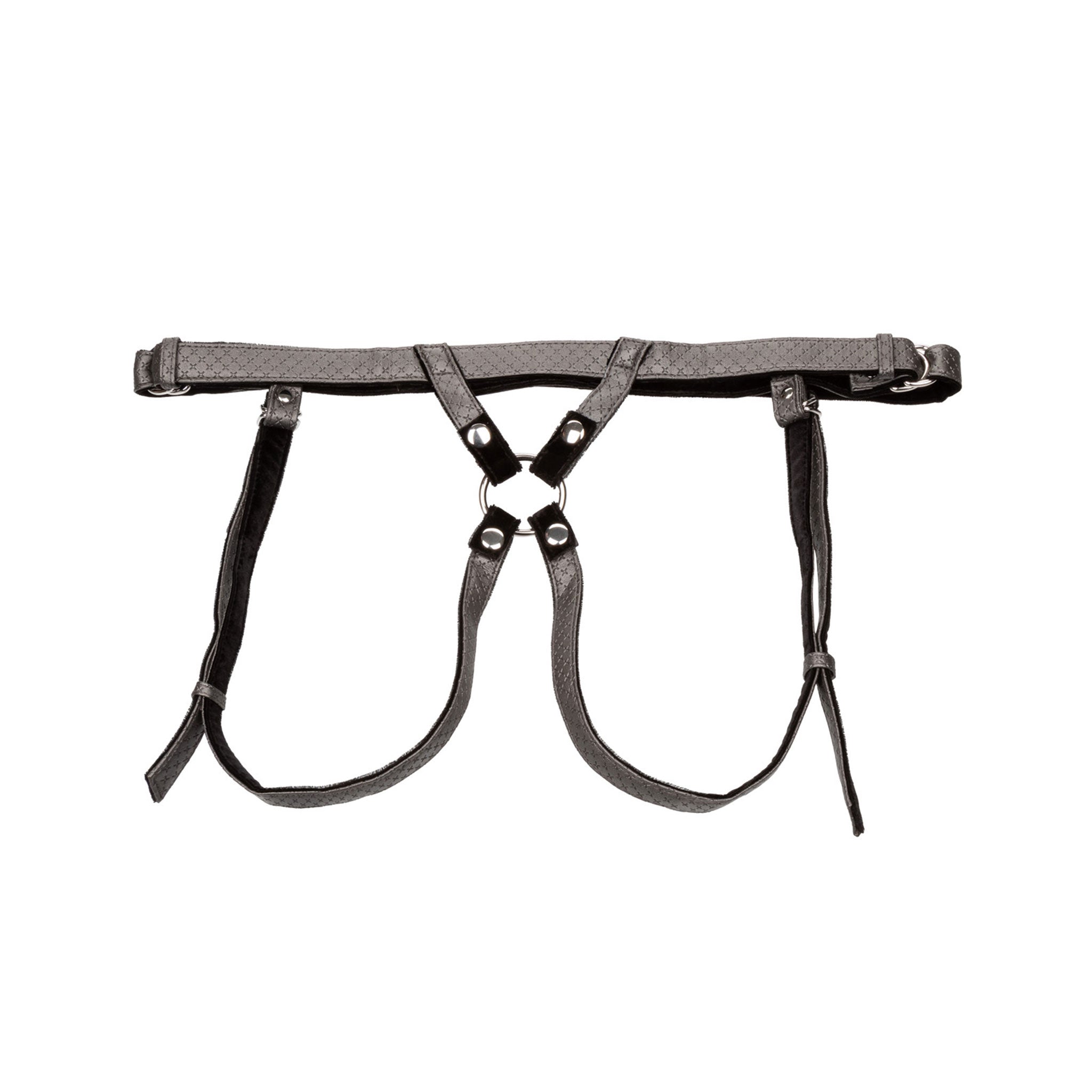 Leather vegan-leather PVC nickel-free iron polyester polyester-lining copper accessories harness strapon-harness strap-on crotchless probe-ring O-ring adjustable buckle snap-button press-studs waist-closure low-profile performance comfort sleek bold plush velvety discreet bondage bdsm dominant domme dominatrix domme kink kinky kinky-play her-royal-highness regal-duchess adult-toys gray pewter 