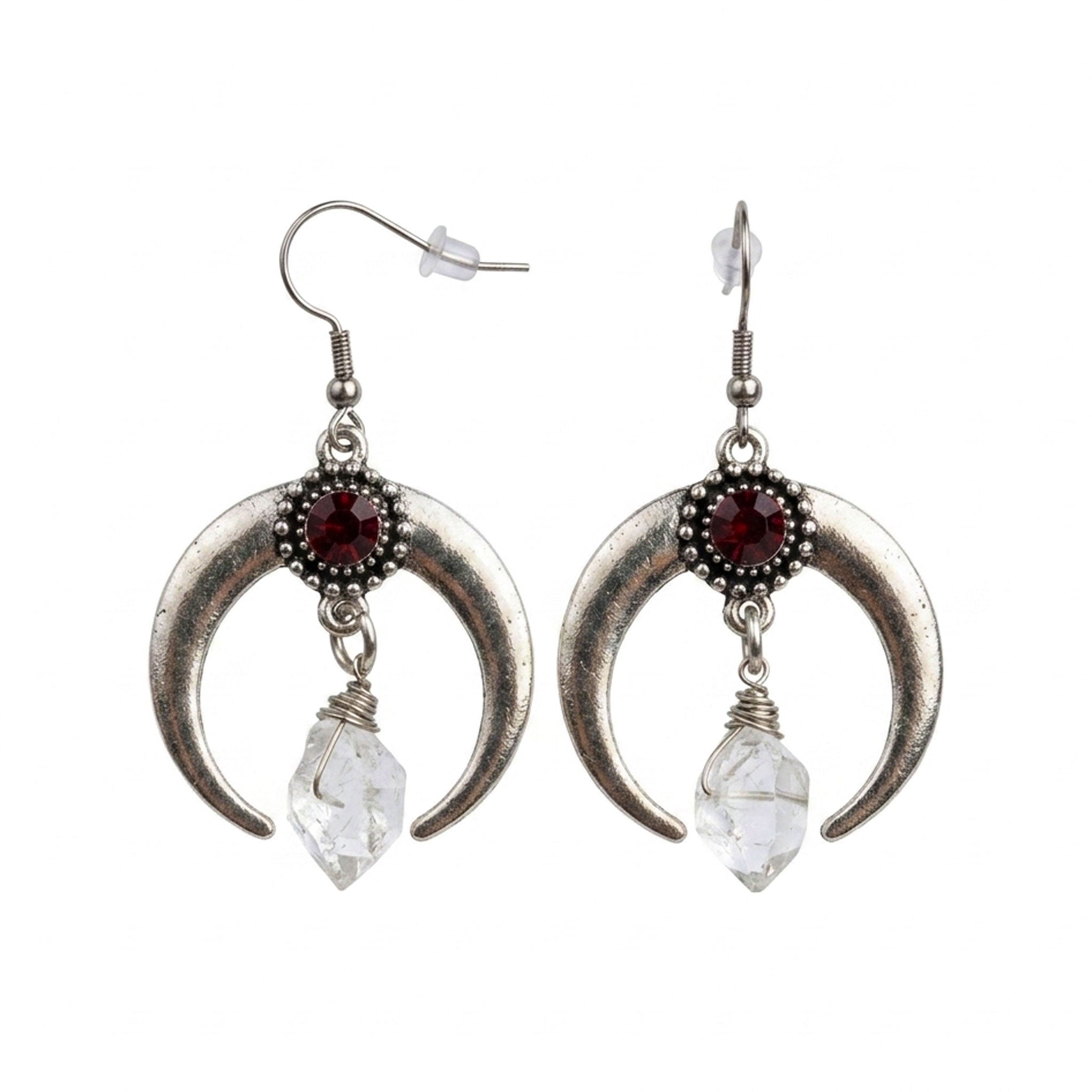 Gemstone quartz crystal-quartz diamonds herkimer-diamonds faux-garnet silver-plated stainless-steel accessories jewelry earrings crescent-moon lunula-horn dangly stylish trendy long lightweight fashion alt-fashion rock-chic casual bohemian boho goth gothic gothic-doll celtic moonchild moon-child witchy hippy gypsy valentines be-mine gifts costume cosplay halloween female femme feminine womens silver red