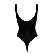 Polyester elastane PVC vinyl bodysuit swimsuit swim-suit swim glossy shiny polymer-coating high-cut high-leg bottom hem pullover pull-over kink-wear fetish fashion female feminine femme women black