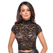 Lace top shirt crop crop-top croptop back-slit high-neck high-collar short-sleeve short sleeve sleeves sleeved shortsleeve cap-sleeve hook-and-eye flirty transparent sheer erotic casualwear businesswear black