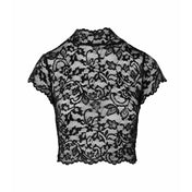Lace top shirt crop crop-top croptop back-slit high-neck high-collar short-sleeve short sleeve sleeves sleeved shortsleeve cap-sleeve hook-and-eye flirty transparent sheer erotic casualwear businesswear black