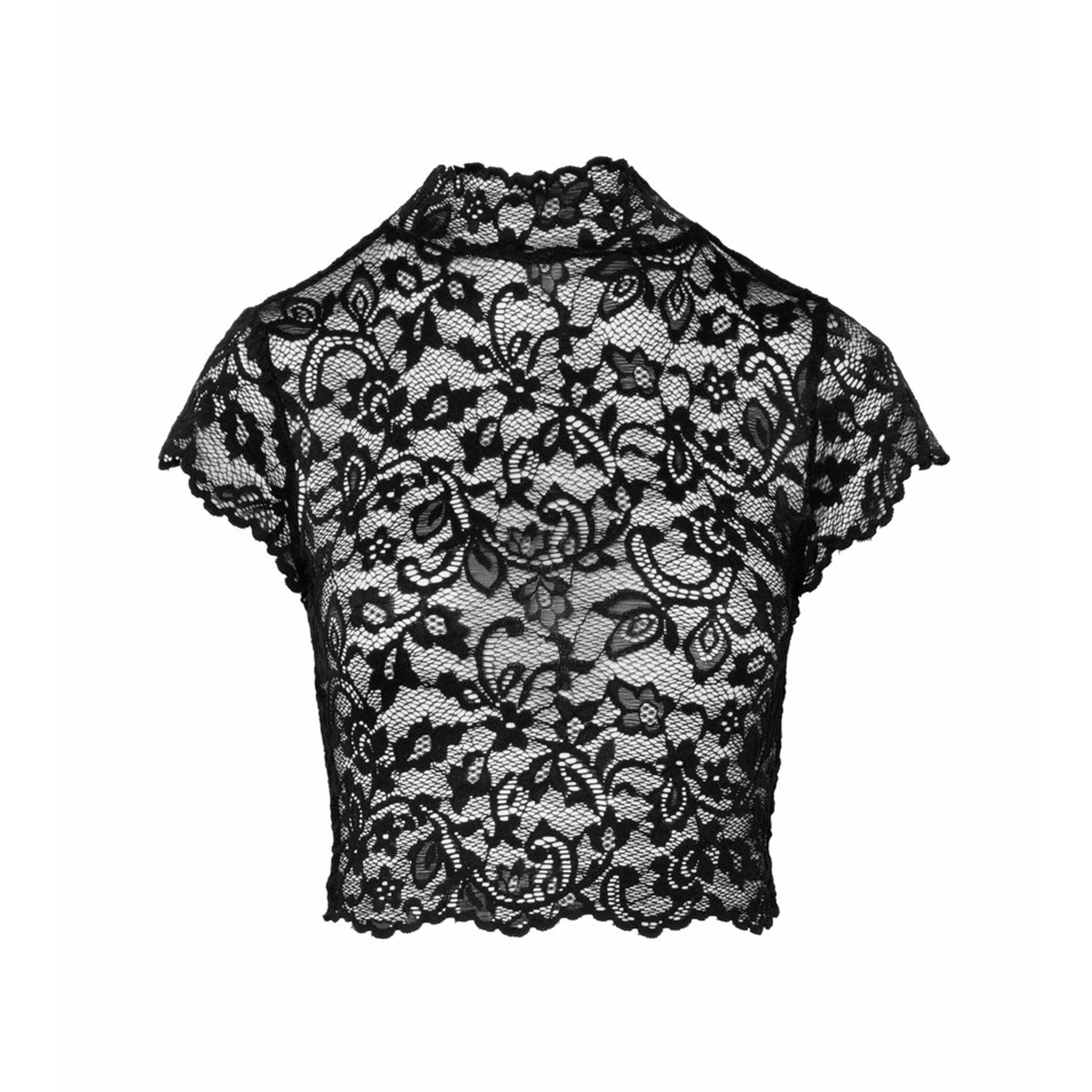 Lace top shirt crop crop-top croptop back-slit high-neck high-collar short-sleeve short sleeve sleeves sleeved shortsleeve cap-sleeve hook-and-eye flirty transparent sheer erotic casualwear businesswear black