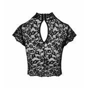 Lace top shirt crop crop-top croptop back-slit high-neck high-collar short-sleeve short sleeve sleeves sleeved shortsleeve cap-sleeve hook-and-eye flirty transparent sheer erotic casualwear businesswear black