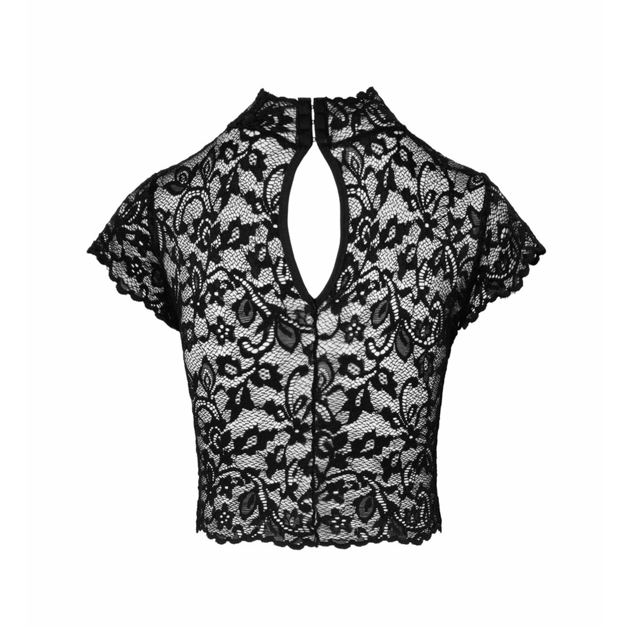 Lace top shirt crop crop-top croptop back-slit high-neck high-collar short-sleeve short sleeve sleeves sleeved shortsleeve cap-sleeve hook-and-eye flirty transparent sheer erotic casualwear businesswear black