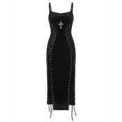 Polyester elastane velvet velvet-knit satin-ribbon apparel dress midi-dress sleeveless high-slit front-slit cross trilobe-cross irregular-hem tie-straps adjustable shoulder-straps side-cinching strappy shiny shimmery stylish figure-hugging alluring sexy slim-fit comfortable durable fashion alt-fashion alternative metal rock goth gothic goth-doll streetwear summer dark costume cosplay halloween halloween-costumes witch vampire ravencross female femme feminine womens black
