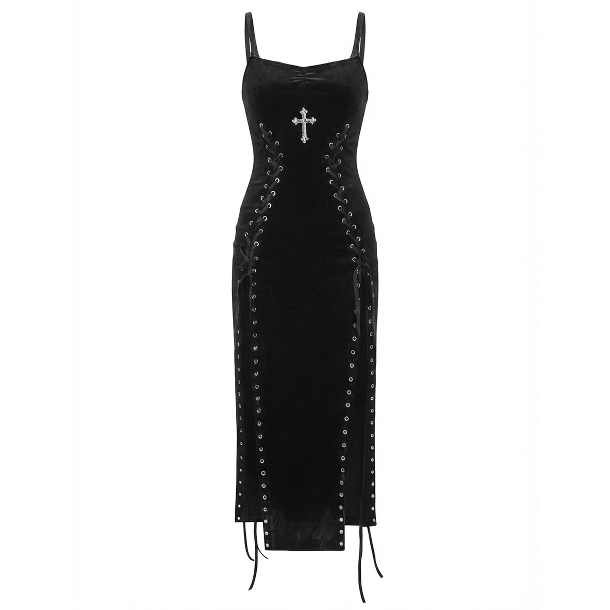 Polyester elastane velvet velvet-knit satin-ribbon apparel dress midi-dress sleeveless high-slit front-slit cross trilobe-cross irregular-hem tie-straps adjustable shoulder-straps side-cinching strappy shiny shimmery stylish figure-hugging alluring sexy slim-fit comfortable durable fashion alt-fashion alternative metal rock goth gothic goth-doll streetwear summer dark costume cosplay halloween halloween-costumes witch vampire ravencross female femme feminine womens black