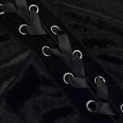 Polyester elastane velvet velvet-knit satin-ribbon apparel dress midi-dress sleeveless high-slit front-slit cross trilobe-cross irregular-hem tie-straps adjustable shoulder-straps side-cinching strappy shiny shimmery stylish figure-hugging alluring sexy slim-fit comfortable durable fashion alt-fashion alternative metal rock goth gothic goth-doll streetwear summer dark costume cosplay halloween halloween-costumes witch vampire ravencross female femme feminine womens black