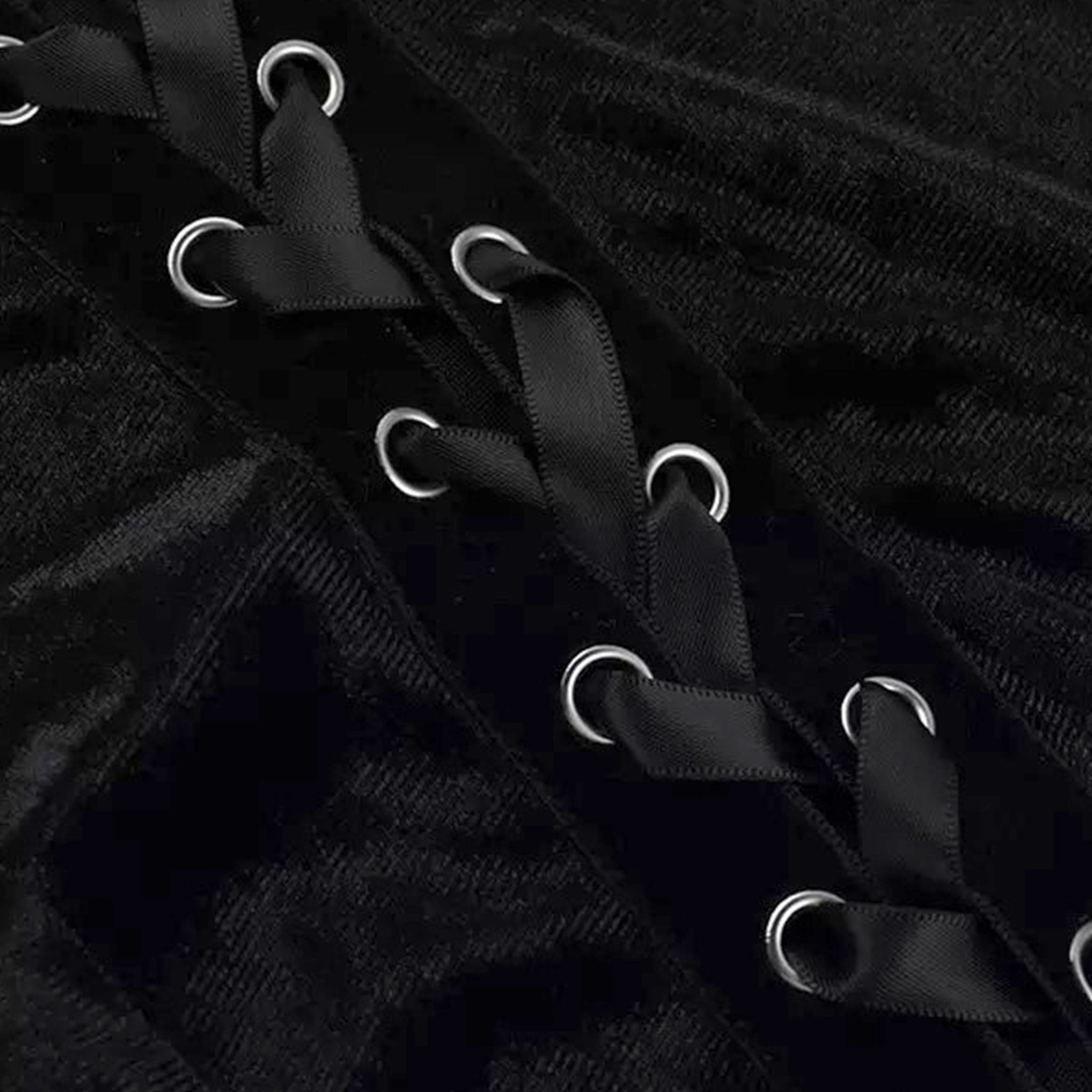Polyester elastane velvet velvet-knit satin-ribbon apparel dress midi-dress sleeveless high-slit front-slit cross trilobe-cross irregular-hem tie-straps adjustable shoulder-straps side-cinching strappy shiny shimmery stylish figure-hugging alluring sexy slim-fit comfortable durable fashion alt-fashion alternative metal rock goth gothic goth-doll streetwear summer dark costume cosplay halloween halloween-costumes witch vampire ravencross female femme feminine womens black