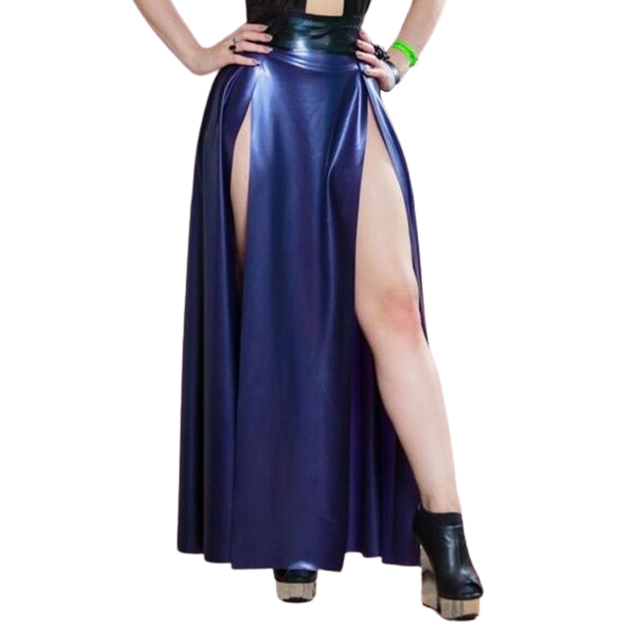 high slit latex skirt, thin latex long skirt with dual slits, full-length fetish latex skirt, dramatic latex fashion bottom, 0.25mm natural latex skirt, Fetish Factory latex wear