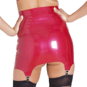 Latex rubber skirt miniskirt mini-skirt high-waist hi-waist waisted garter-skirt slide-clips garter-clips cheeky flash butt buttock stretchy fetish fashion alt-fashion kink kinky female femme feminine womens red metallic-red