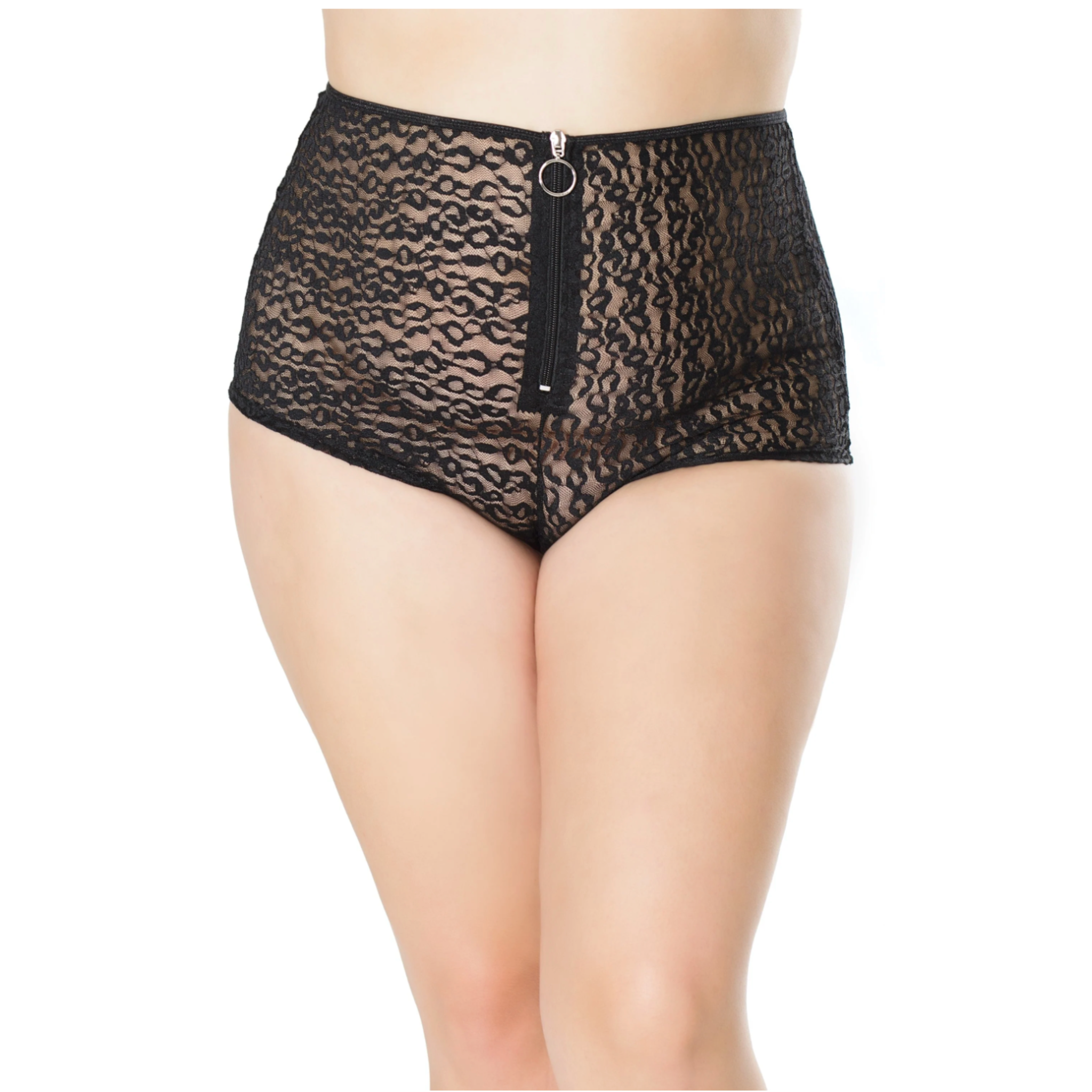 High Waisted Lace Booty Shorts, black, leopard print, front zipper, stylish and versatile.
