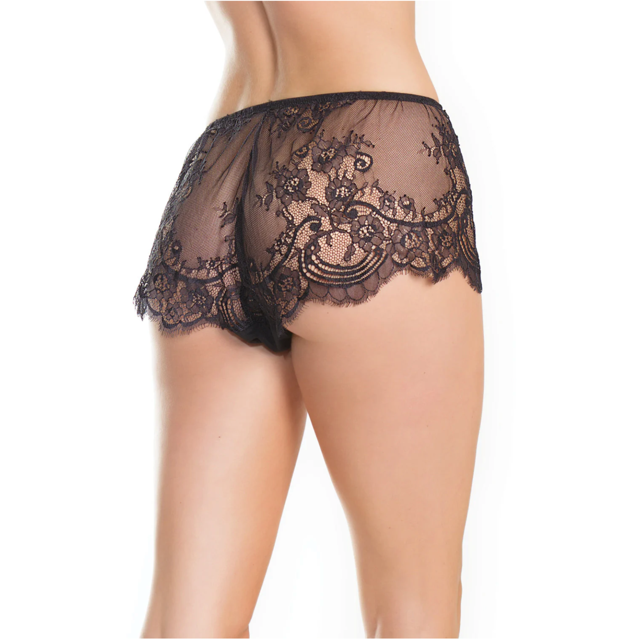 Black high-waisted lace booty shorts, eyelash lace, flared leg, full back.
