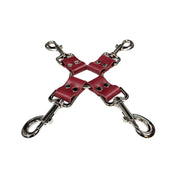 Leather genuine-leather accessories restraints body-restraint limb-restraint binding arm leg wrist ankle hogtie hog-tie 4way 4-way four-way trigger-clasp swivel-clasp O-ring bondage bdsm bdsm-toys kink kinky kinky-play adult-toys unisex red