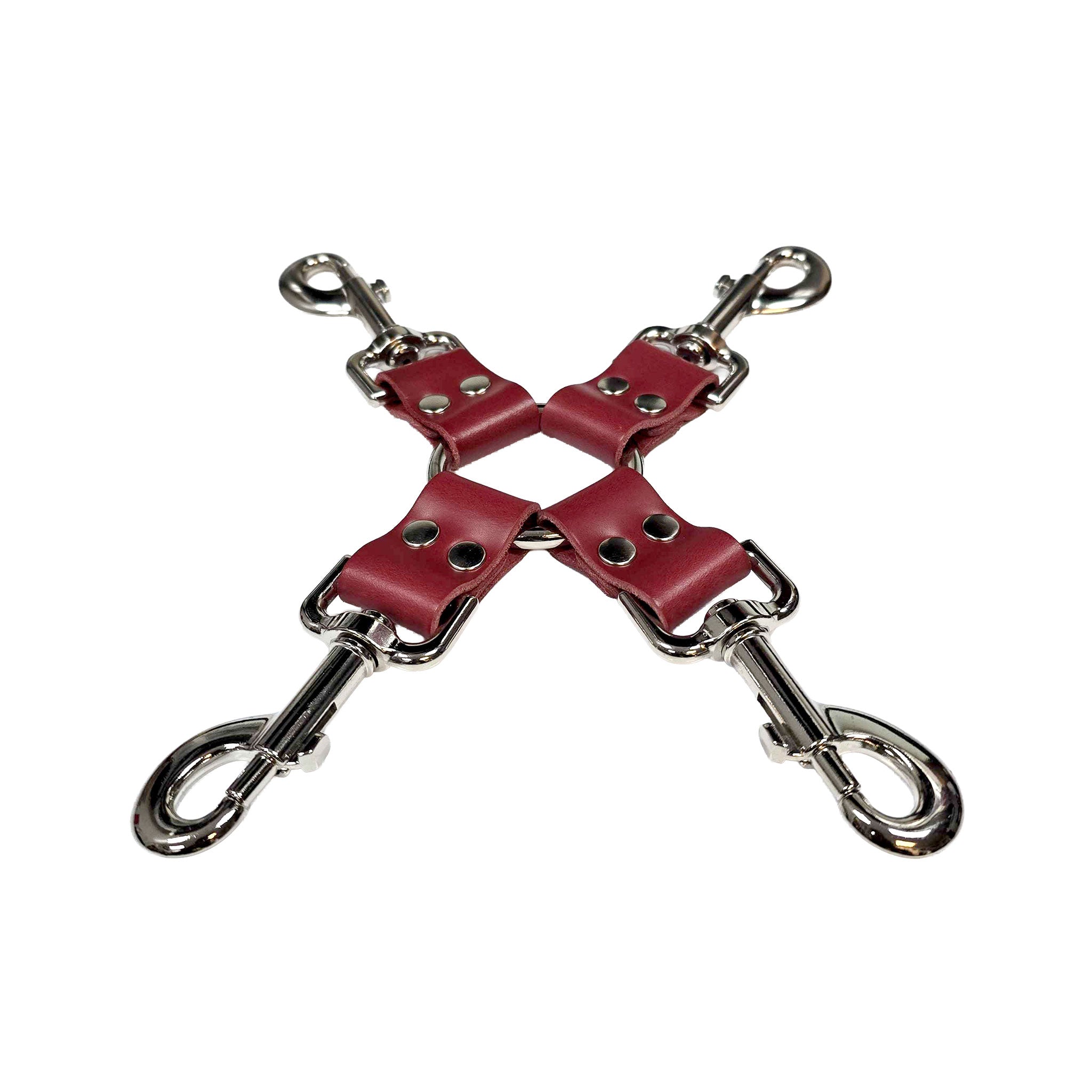 Leather genuine-leather accessories restraints body-restraint limb-restraint binding arm leg wrist ankle hogtie hog-tie 4way 4-way four-way trigger-clasp swivel-clasp O-ring bondage bdsm bdsm-toys kink kinky kinky-play adult-toys unisex red