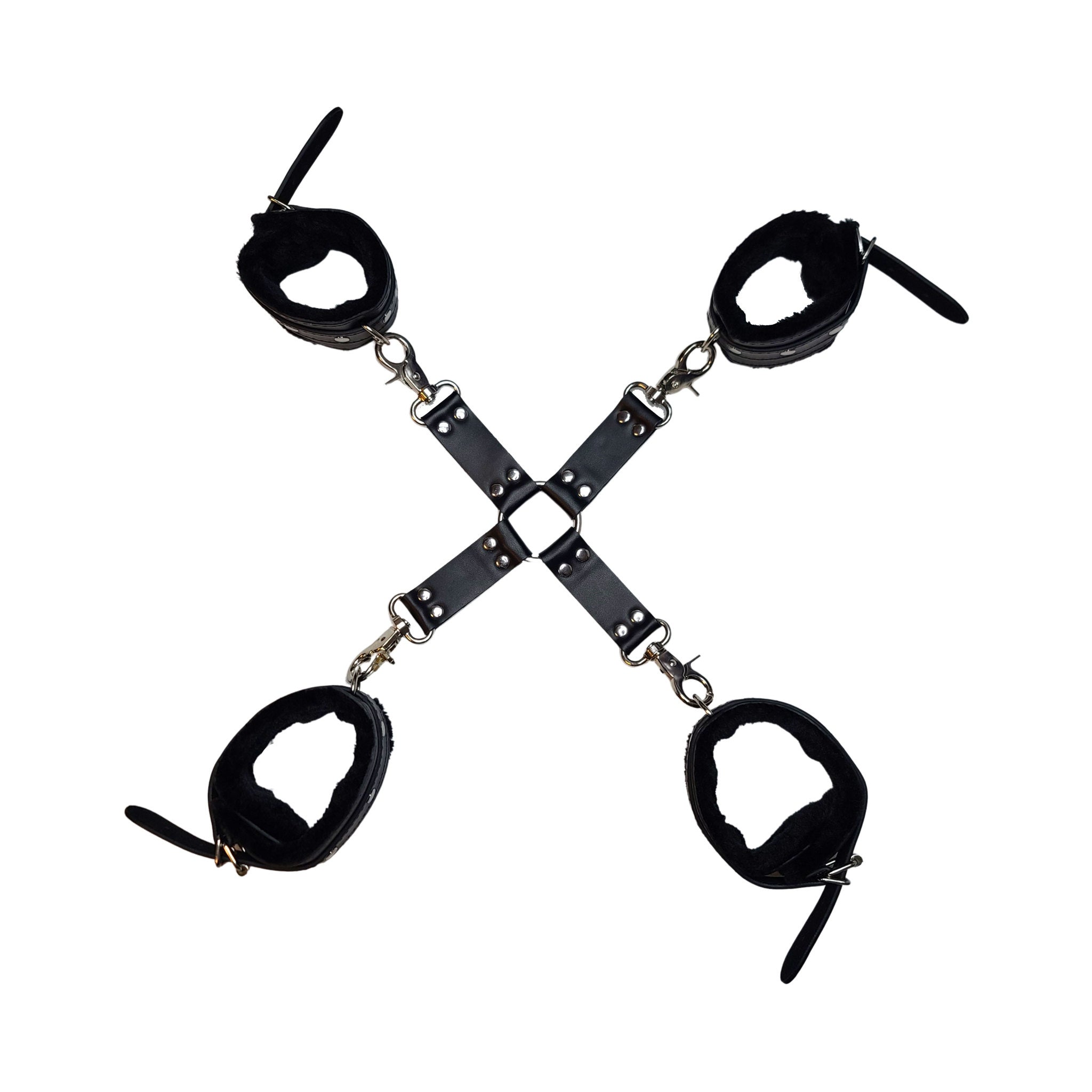 Leather vegan-leather fur-lining faux-fur accessories restraints hogtie hog-tie ankle ankle-restraints wrist wrist-restraints trigger-clasp adjustable buckle locking lockable matte-glossy versatile comfortable detachable luxurious fetish fashion alt-fashion alternative bedroom dungeon bondage bdsm bdsm-toys bdsm-gear kink kinky kinky-toys kinky-play costume cosplay halloween adult-toys unisex black