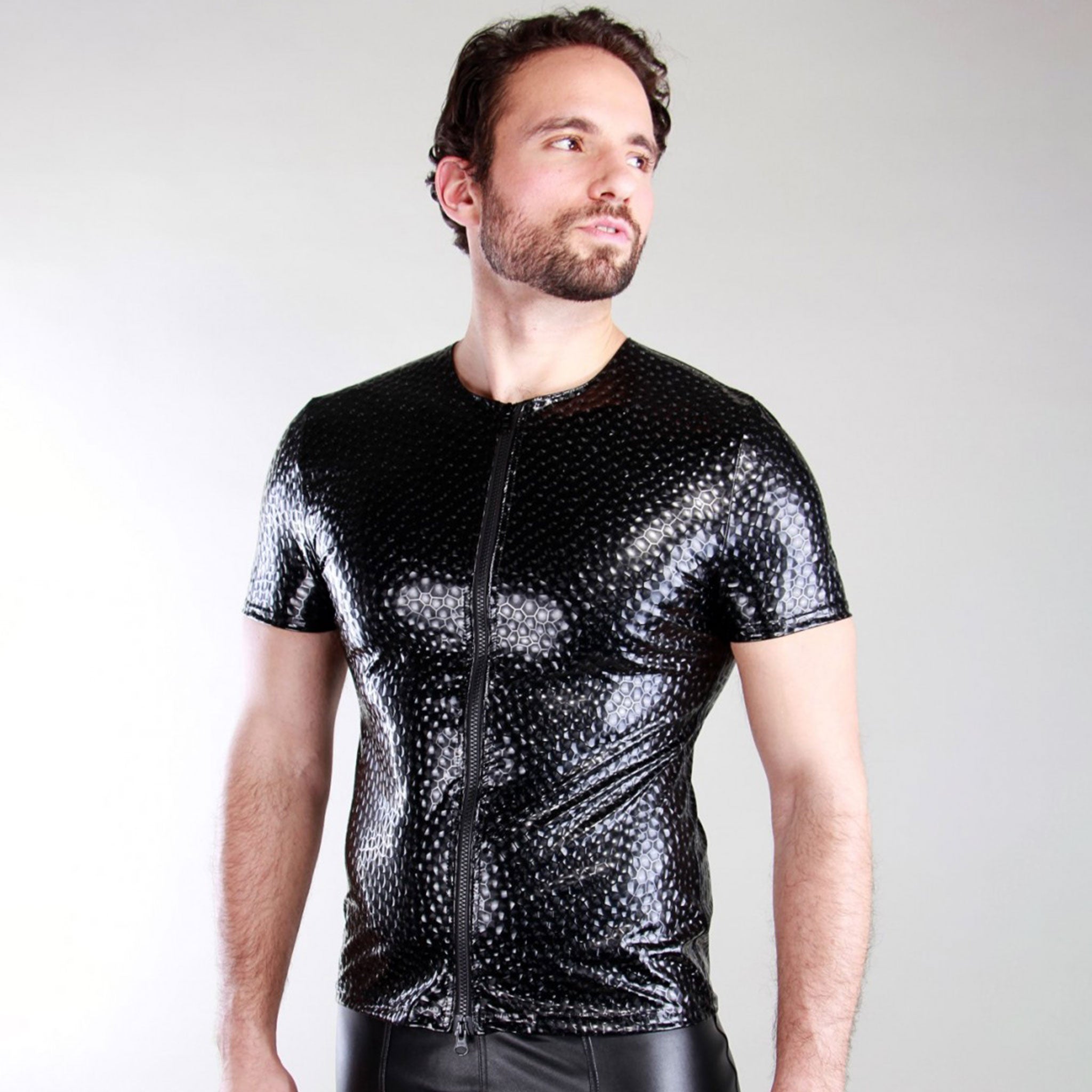 PVC vinyl top shirt shortsleeve short-sleeve shortsleeved short-sleeved front zip zipper fetish-fashion alt-fashion clubbing kink hologram holographic black