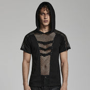 Cotton cotton-blend elastane polyester fishnet mesh apparel top shirt hoodie hoody hooded shortsleeve short-sleeve sleeves sleeved buckle-accent front-panel mesh-cutout trendy breathable fashion alt-fashion alternative casual punk goth gothic cyber streetwear clubbing clubwear rave ravewear afterdark-collection halloween-couture male masculine masc mens guys dudes black