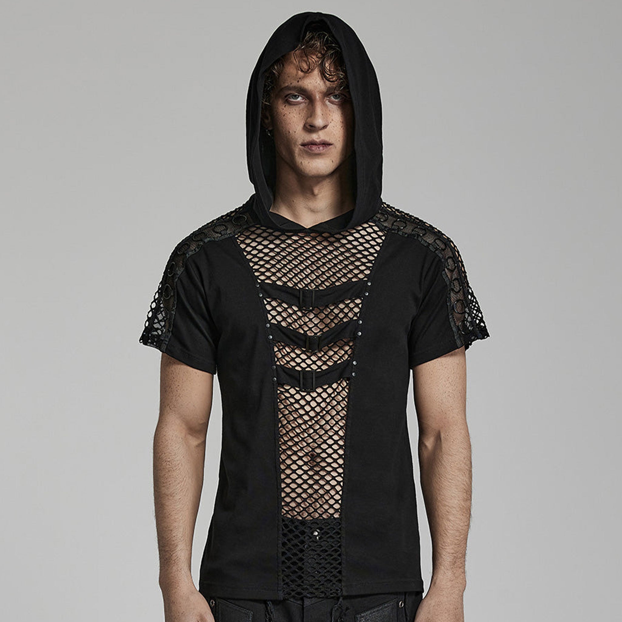 Cotton cotton-blend elastane polyester fishnet mesh apparel top shirt hoodie hoody hooded shortsleeve short-sleeve sleeves sleeved buckle-accent front-panel mesh-cutout trendy breathable fashion alt-fashion alternative casual punk goth gothic cyber streetwear clubbing clubwear rave ravewear afterdark-collection halloween-couture male masculine masc mens guys dudes black