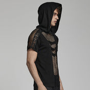 Cotton cotton-blend elastane polyester fishnet mesh apparel top shirt hoodie hoody hooded shortsleeve short-sleeve sleeves sleeved buckle-accent front-panel mesh-cutout trendy breathable fashion alt-fashion alternative casual punk goth gothic cyber streetwear clubbing clubwear rave ravewear afterdark-collection halloween-couture male masculine masc mens guys dudes black
