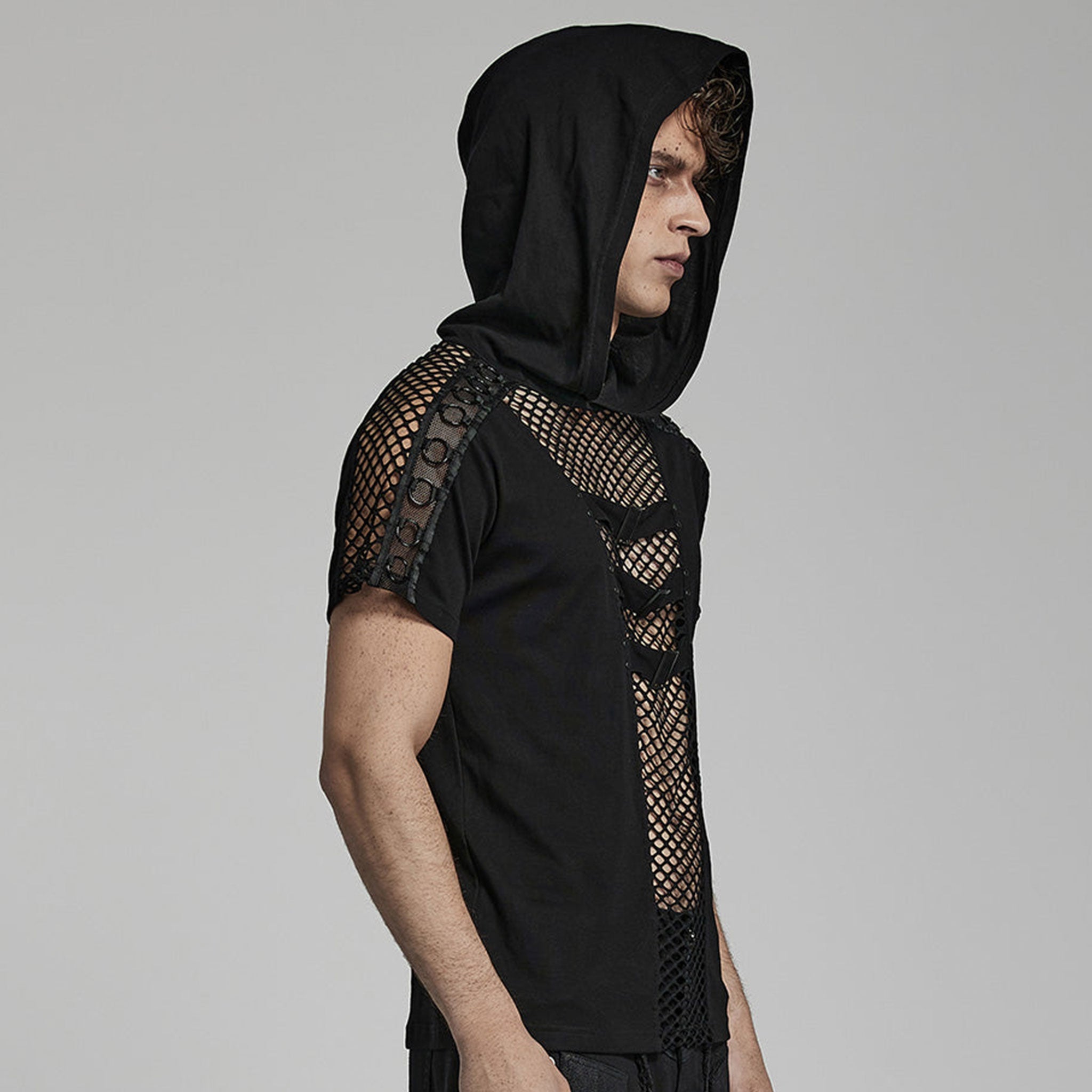 Cotton cotton-blend elastane polyester fishnet mesh apparel top shirt hoodie hoody hooded shortsleeve short-sleeve sleeves sleeved buckle-accent front-panel mesh-cutout trendy breathable fashion alt-fashion alternative casual punk goth gothic cyber streetwear clubbing clubwear rave ravewear afterdark-collection halloween-couture male masculine masc mens guys dudes black