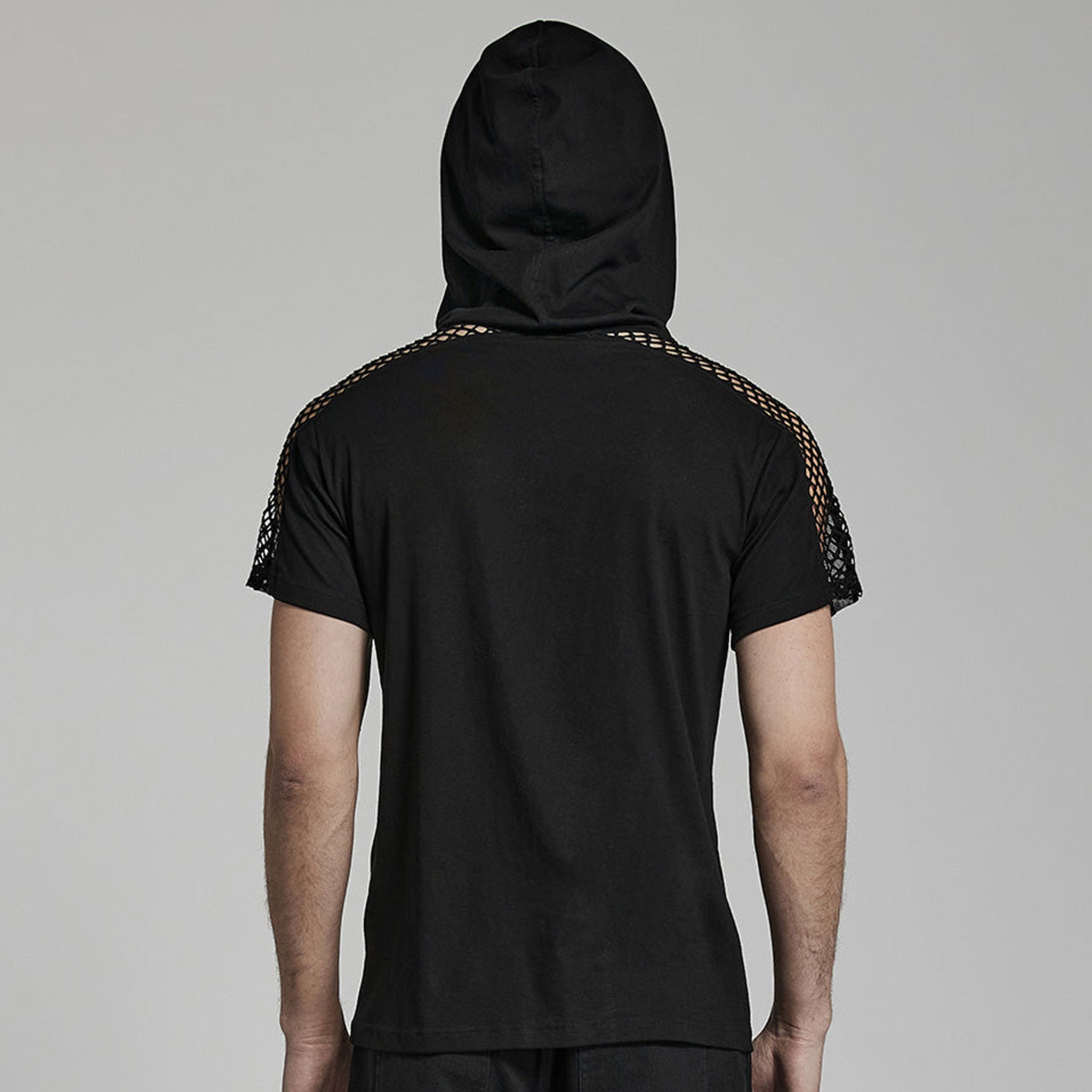 Cotton cotton-blend elastane polyester fishnet mesh apparel top shirt hoodie hoody hooded shortsleeve short-sleeve sleeves sleeved buckle-accent front-panel mesh-cutout trendy breathable fashion alt-fashion alternative casual punk goth gothic cyber streetwear clubbing clubwear rave ravewear afterdark-collection halloween-couture male masculine masc mens guys dudes black