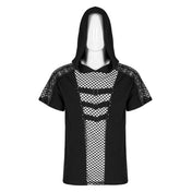 Cotton cotton-blend elastane polyester fishnet mesh apparel top shirt hoodie hoody hooded shortsleeve short-sleeve sleeves sleeved buckle-accent front-panel mesh-cutout trendy breathable fashion alt-fashion alternative casual punk goth gothic cyber streetwear clubbing clubwear rave ravewear afterdark-collection halloween-couture male masculine masc mens guys dudes black