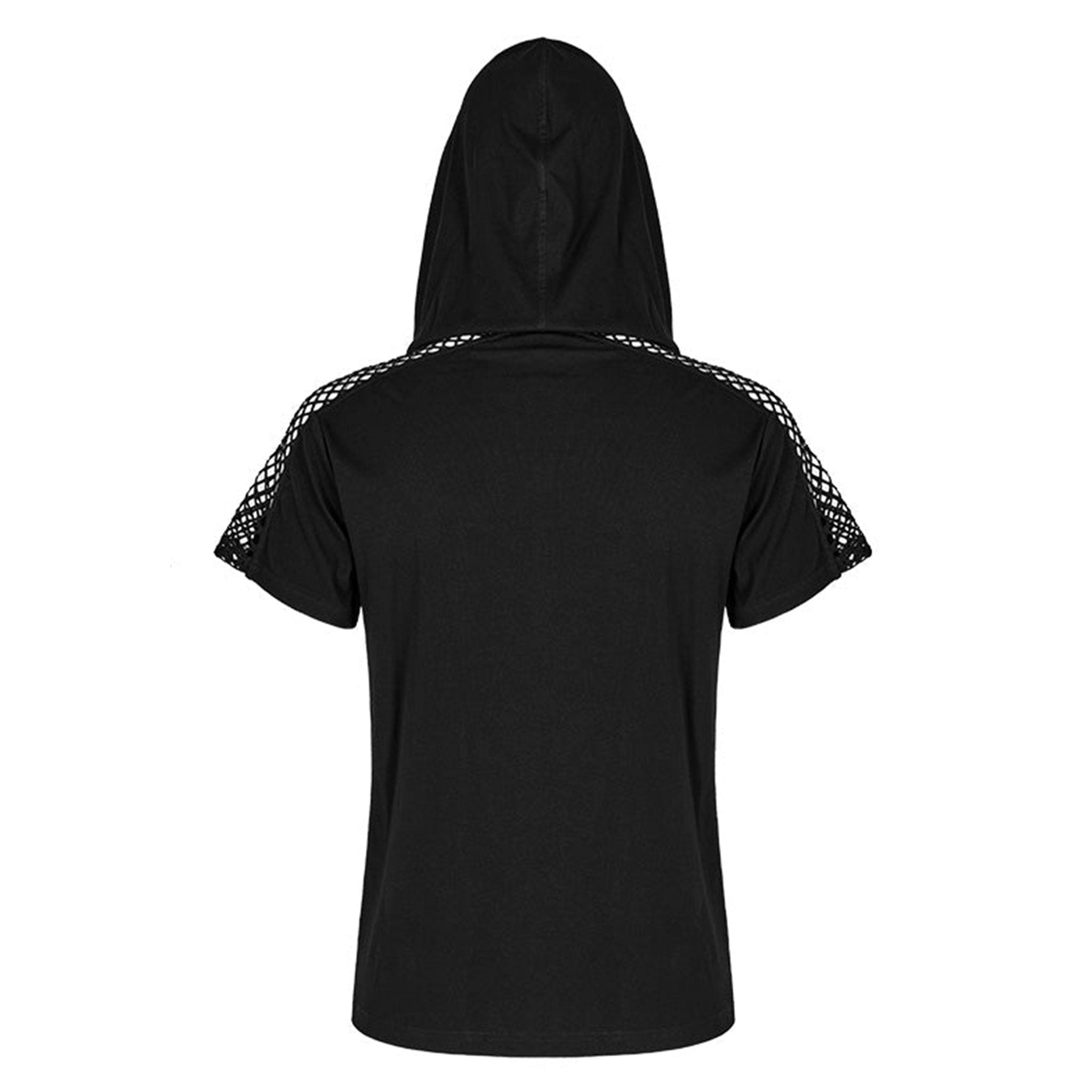 Cotton cotton-blend elastane polyester fishnet mesh apparel top shirt hoodie hoody hooded shortsleeve short-sleeve sleeves sleeved buckle-accent front-panel mesh-cutout trendy breathable fashion alt-fashion alternative casual punk goth gothic cyber streetwear clubbing clubwear rave ravewear afterdark-collection halloween-couture male masculine masc mens guys dudes black