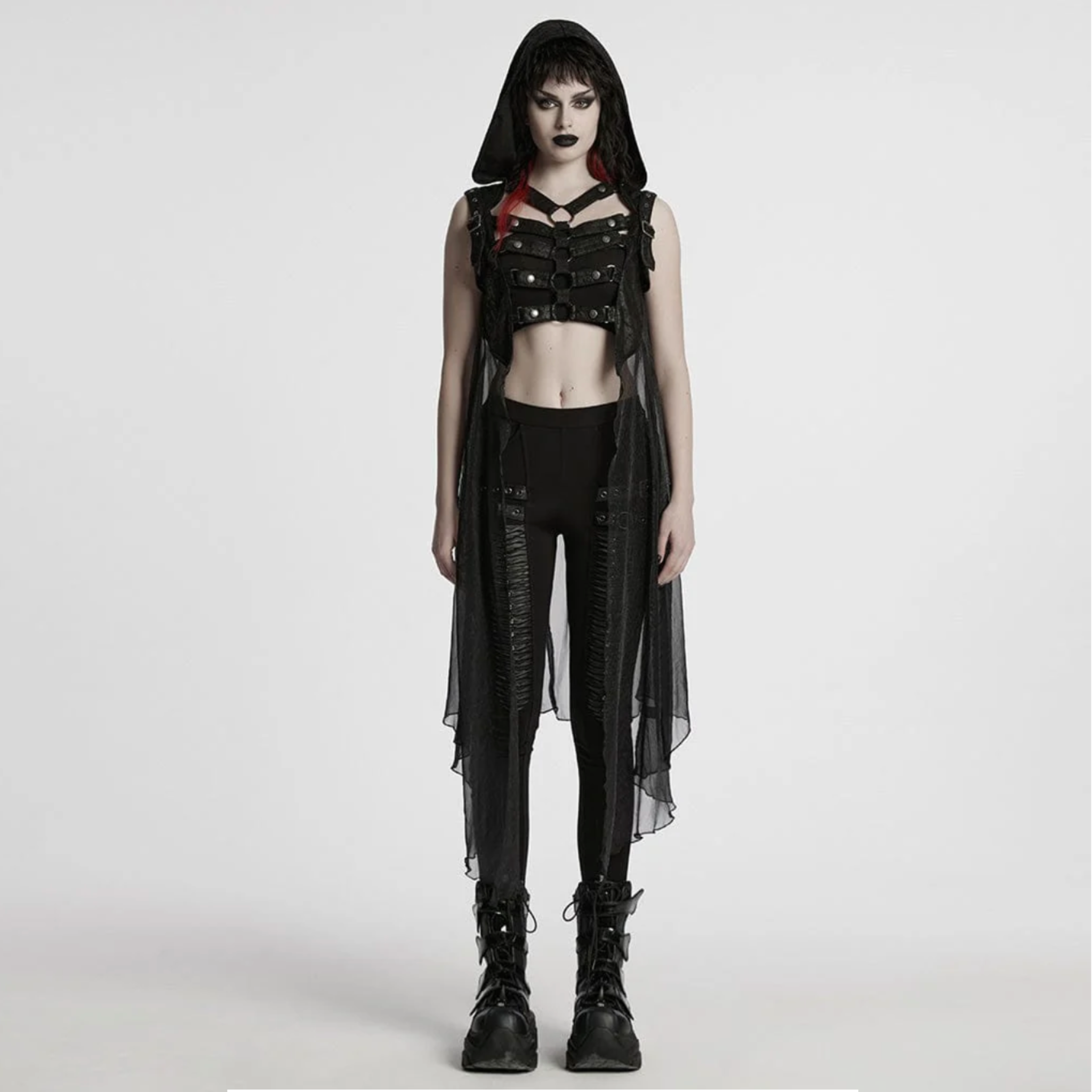 hooded sheer strappy long punk vest cracked faux leather chiffon harness straps gothic mesh back buckle detail adjustable punk fashion alternative fetish factory
