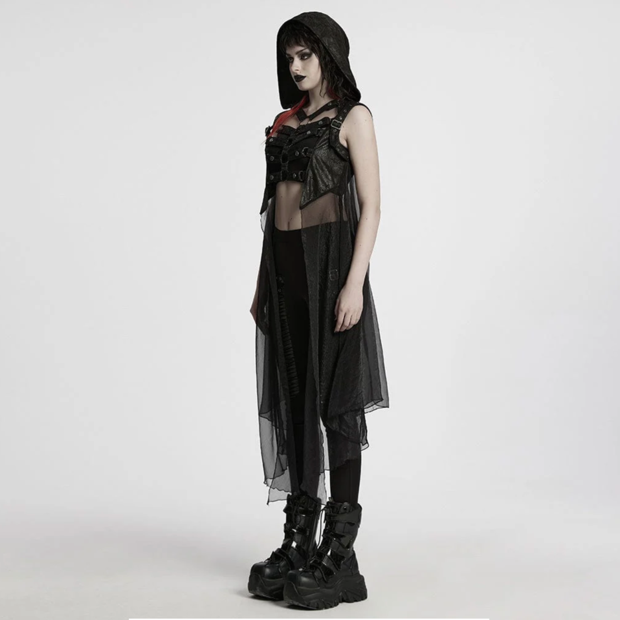 hooded sheer strappy long punk vest cracked faux leather chiffon harness straps gothic mesh back buckle detail adjustable punk fashion alternative fetish factory