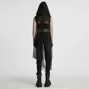 hooded sheer strappy long punk vest cracked faux leather chiffon harness straps gothic mesh back buckle detail adjustable punk fashion alternative fetish factory