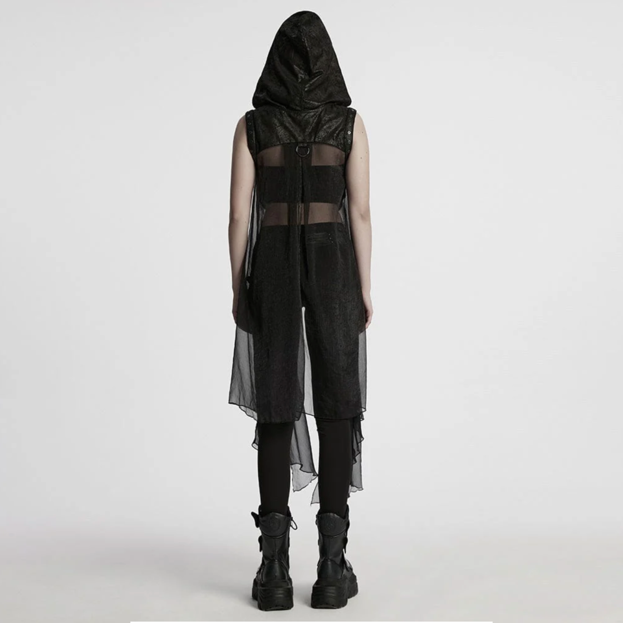 hooded sheer strappy long punk vest cracked faux leather chiffon harness straps gothic mesh back buckle detail adjustable punk fashion alternative fetish factory