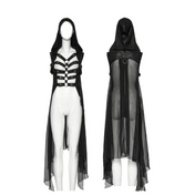 hooded sheer strappy long punk vest cracked faux leather chiffon harness straps gothic mesh back buckle detail adjustable punk fashion alternative fetish factory