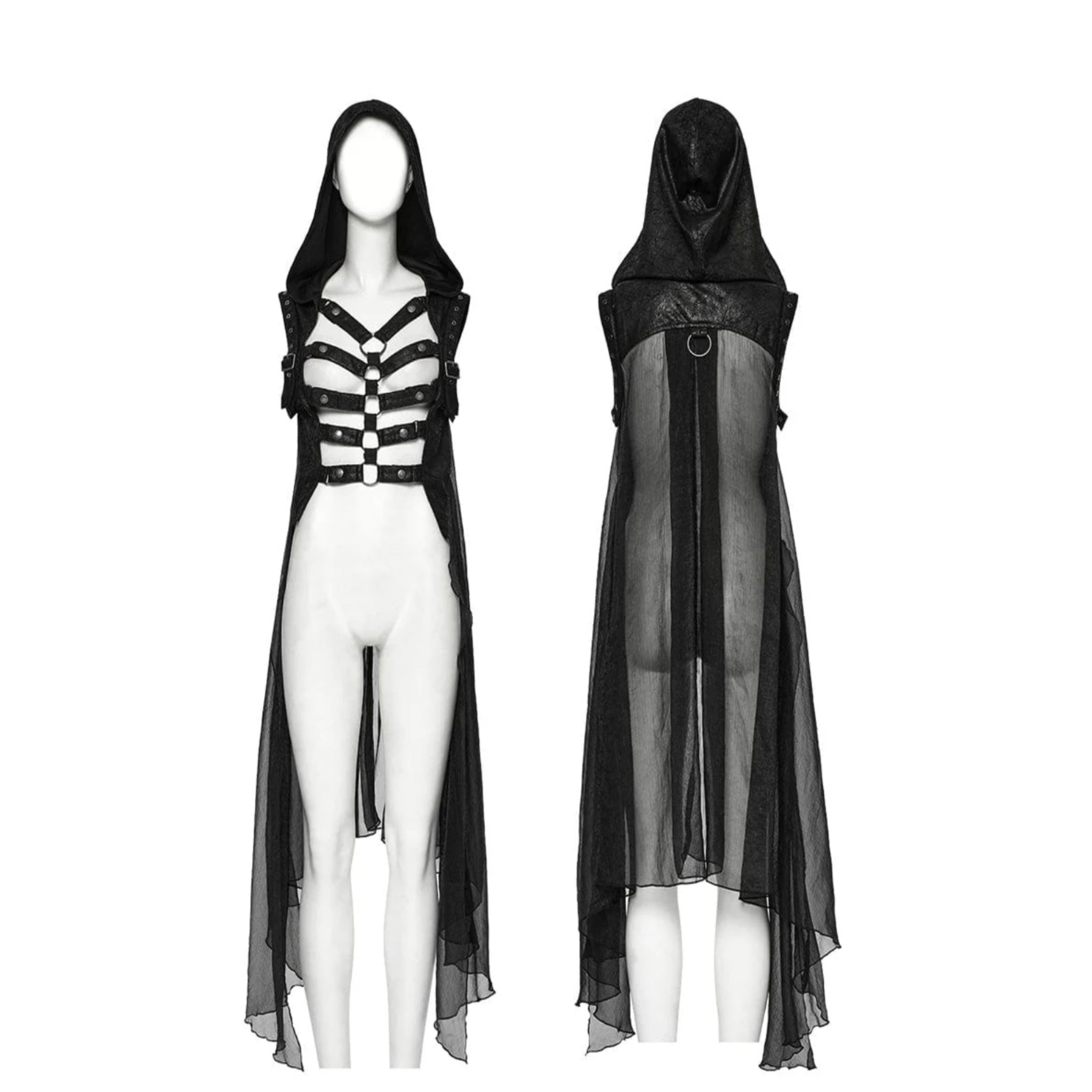 hooded sheer strappy long punk vest cracked faux leather chiffon harness straps gothic mesh back buckle detail adjustable punk fashion alternative fetish factory